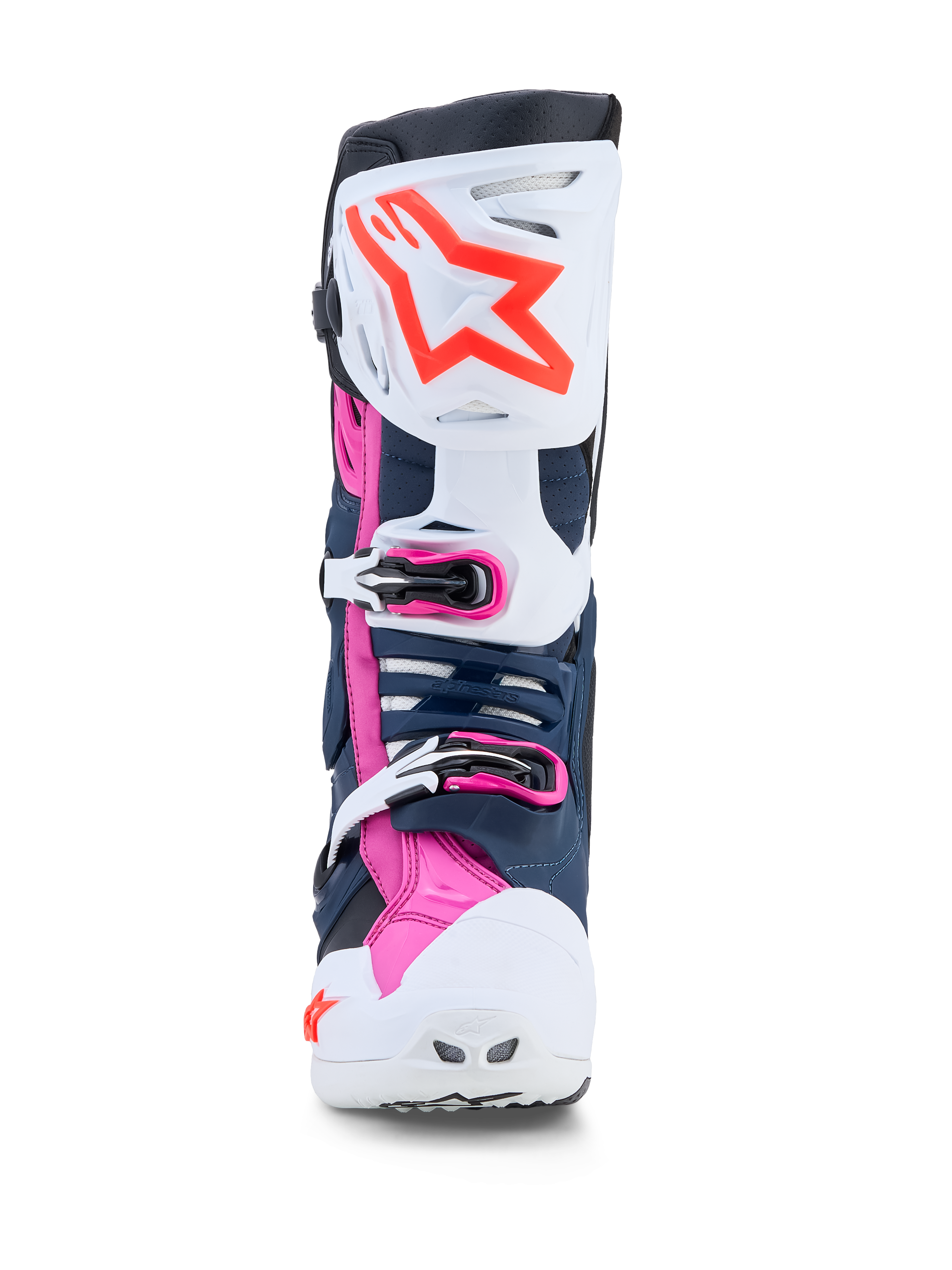 Alpinestars Stivali Tech-10 Supervented da motocross, bianco, blu scuro e fucsia, con pannelli in TPU ventilati per fuoristrada.