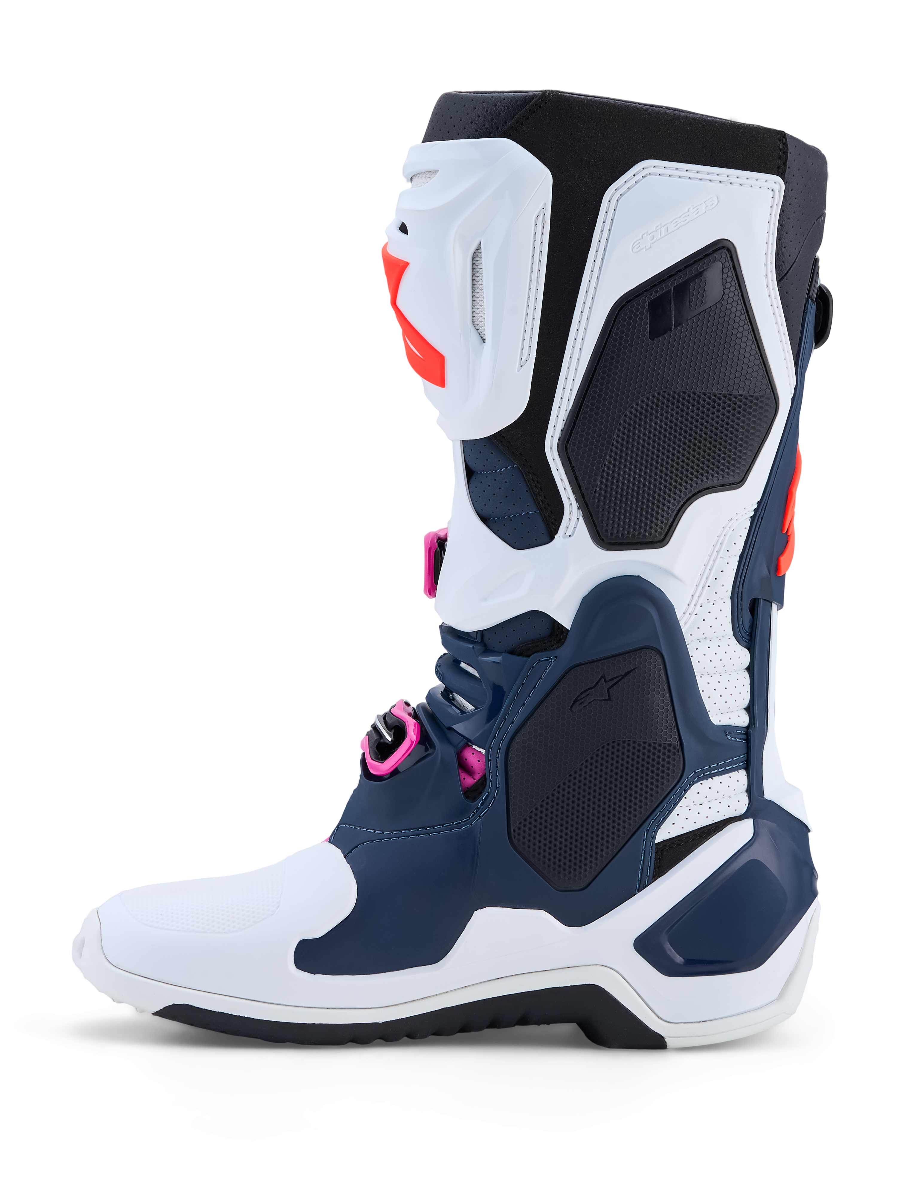 Alpinestars Stivali Tech-10 Supervented, stivali da motocross blu scuro e bianchi con dettagli fucsia e guscio in TPU ventilato.