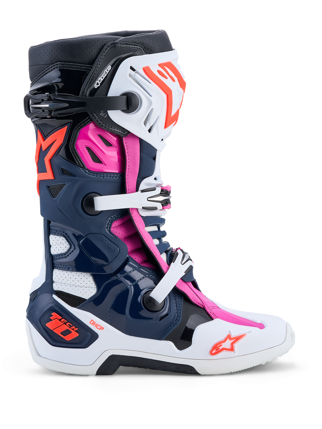 Alpinestars Stivali Tech-10 Supervented, stivali da motocross professionali, blu scuro, bianco e fucsia, con ventilazione avanzata e suola ad alto grip.