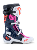 Alpinestars Stivali Tech-10 Supervented, stivali da motocross professionali, blu scuro, bianco e fucsia, con ventilazione avanzata e suola ad alto grip.