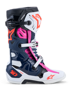 Alpinestars Stivali Tech-10 Supervented, stivali da motocross professionali, blu scuro, bianco e fucsia, con ventilazione avanzata e suola ad alto grip.