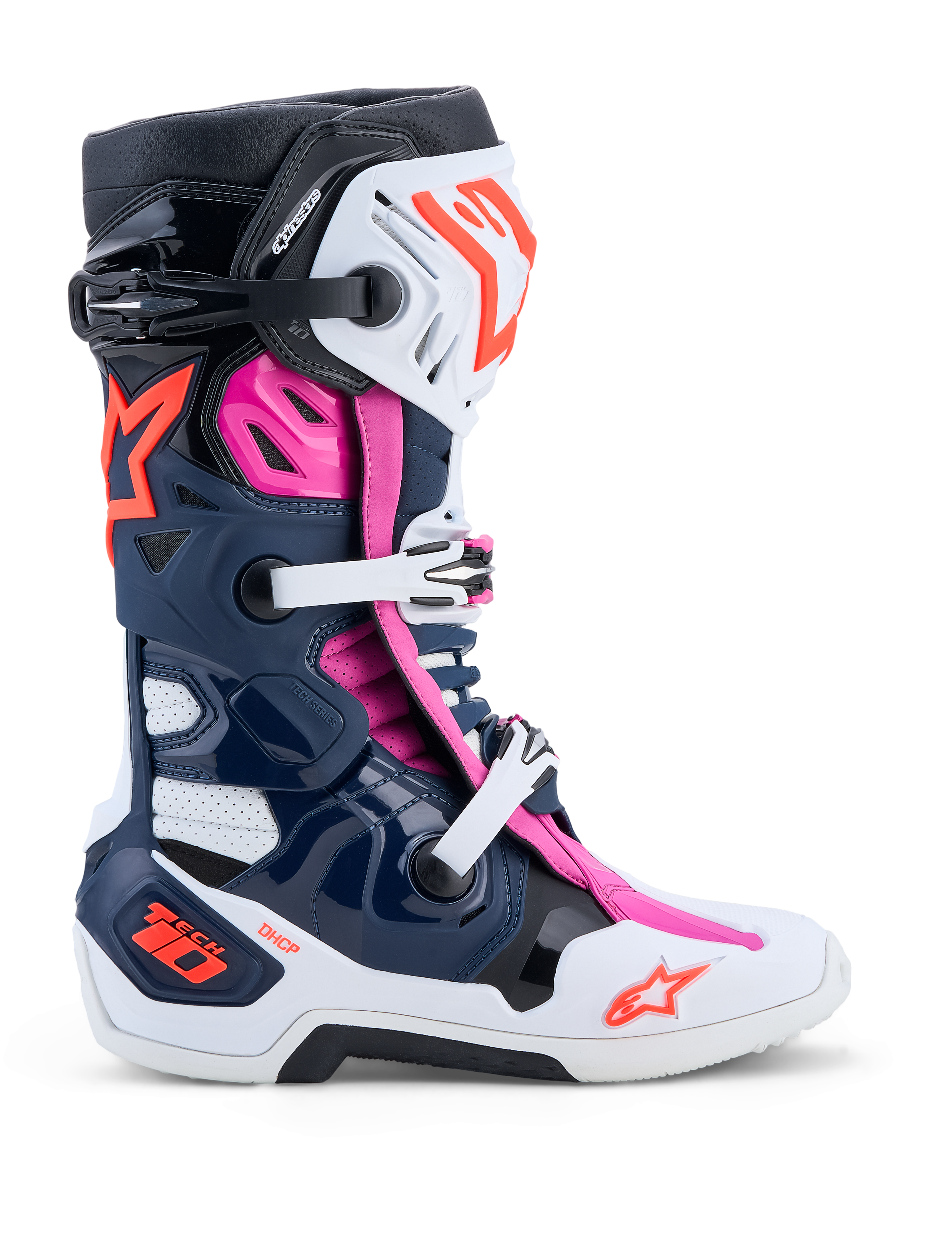 Alpinestars Stivali Tech-10 Supervented, stivali da motocross professionali, blu scuro, bianco e fucsia, con ventilazione avanzata e suola ad alto grip.