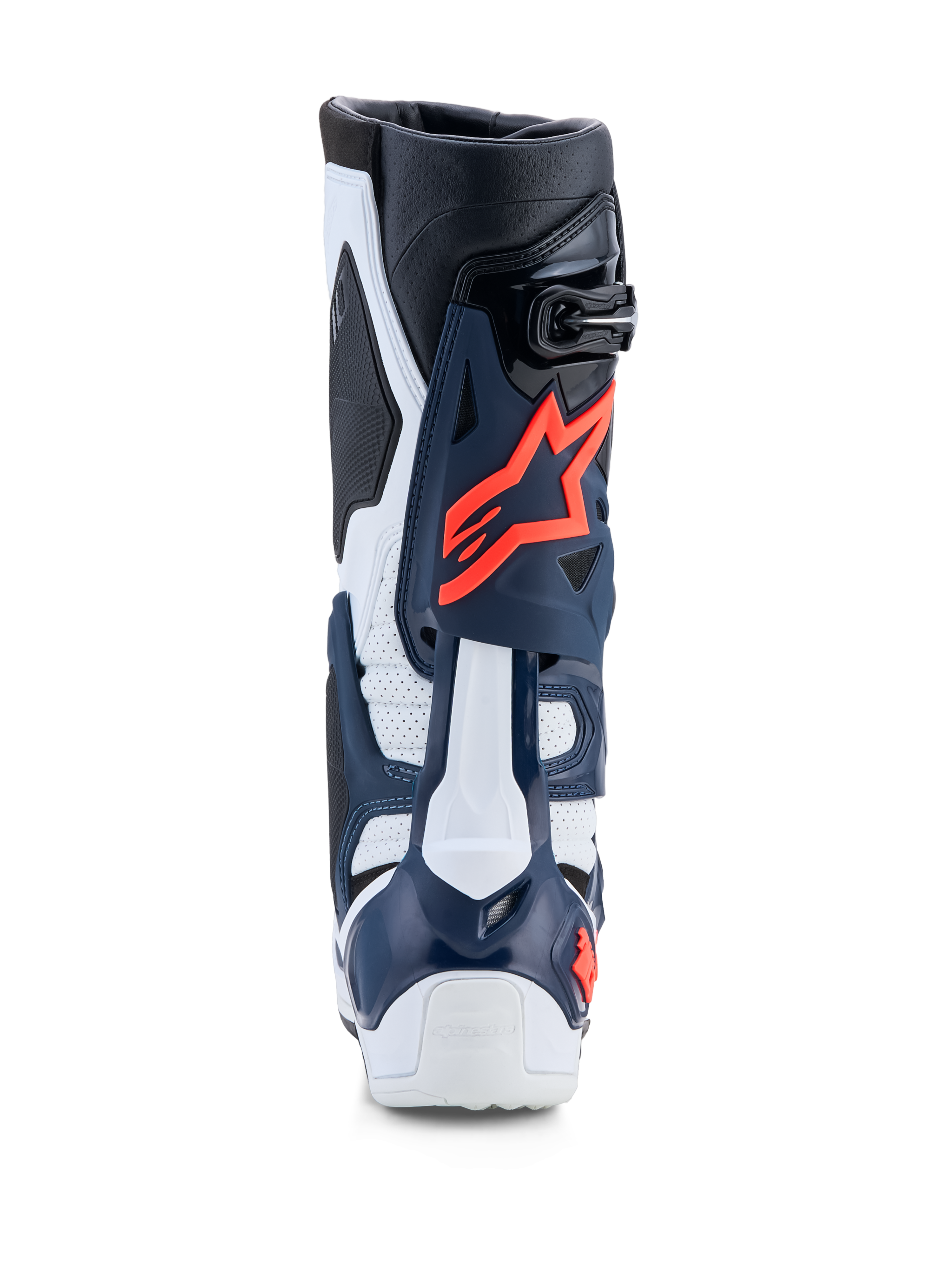 Alpinestars Stivali Tech-10 Supervented, vista posteriore, stivali da motocross blu e bianchi con TPU traforato e fucsia
