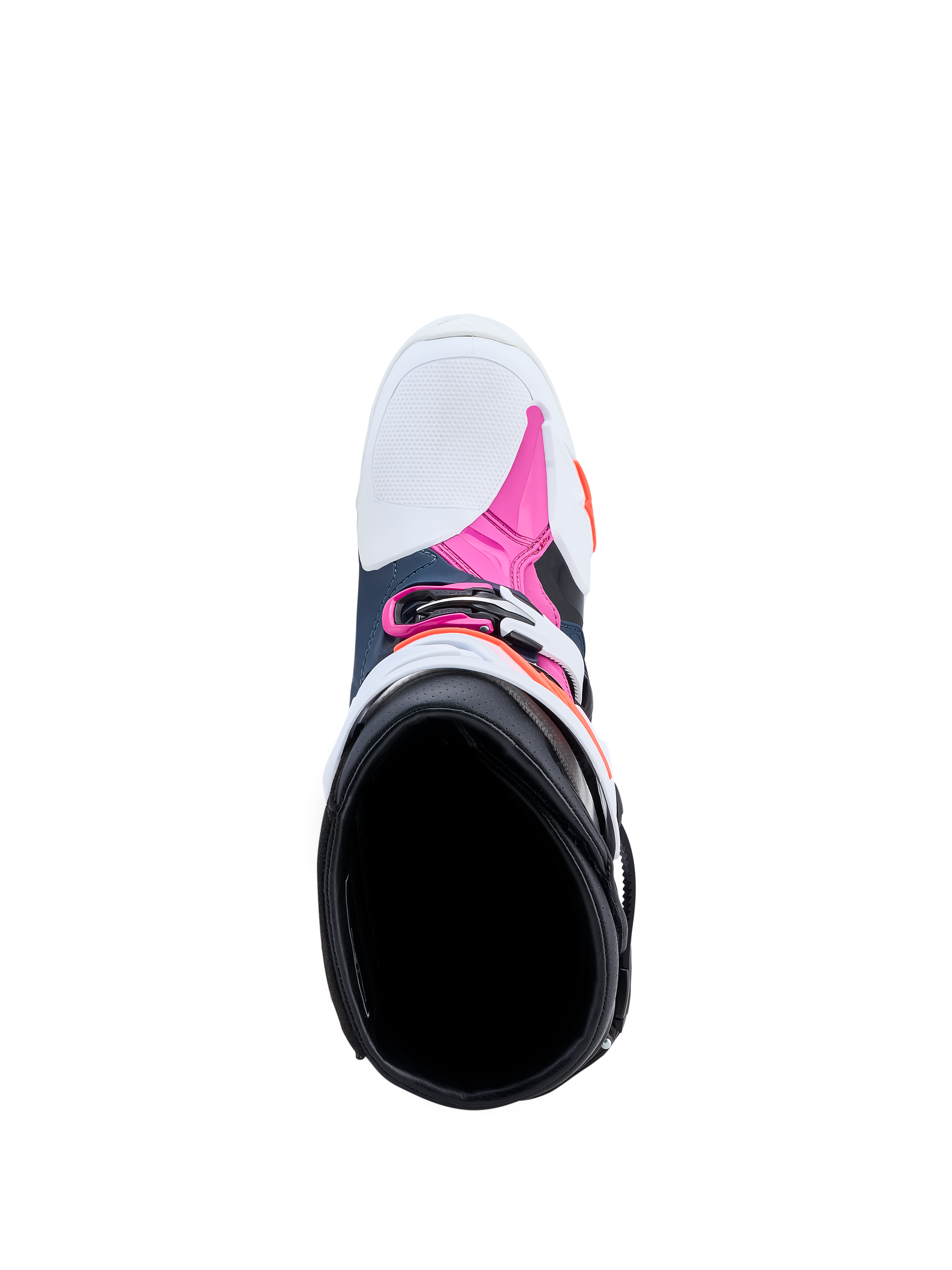Alpinestars stivali Tech-10 Supervented, stivali da motocross, blu scuro, bianchi e fucsia, vista dall'alto dell'interno