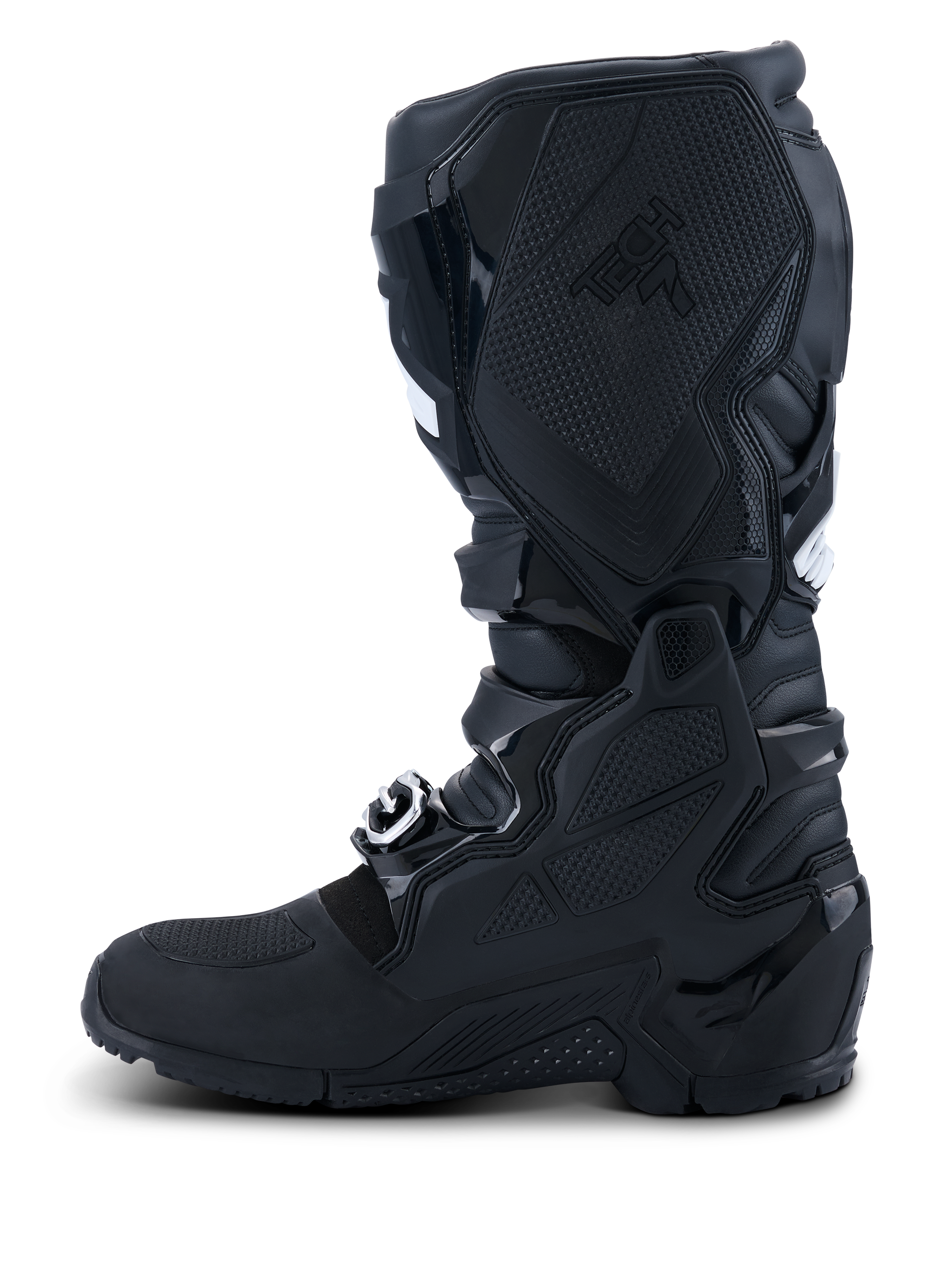 Stivali Alpinestars 2026 Tech 7 Enduro Drystar®, nero, vista profilo mediale con estesa protezione in TPU, sistema a doppio perno e pannelli grip testurizzati per il controllo della moto, costruzione impermeabile per off-road ed enduro