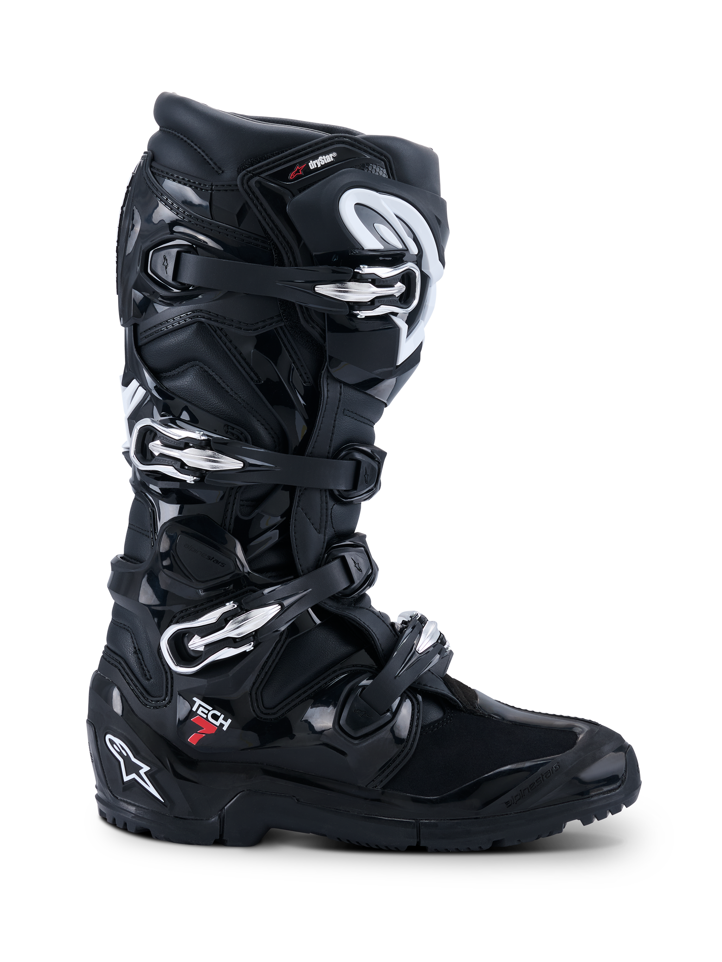 Alpinestars 2026 Tech 7 Enduro Drystar® Boots, stivali da moto off-road neri, vista laterale con quattro chiusure a fibbia argento, robusta suola enduro bi-mescola e ampia protezione in TPU con finiture nere opache e lucide.