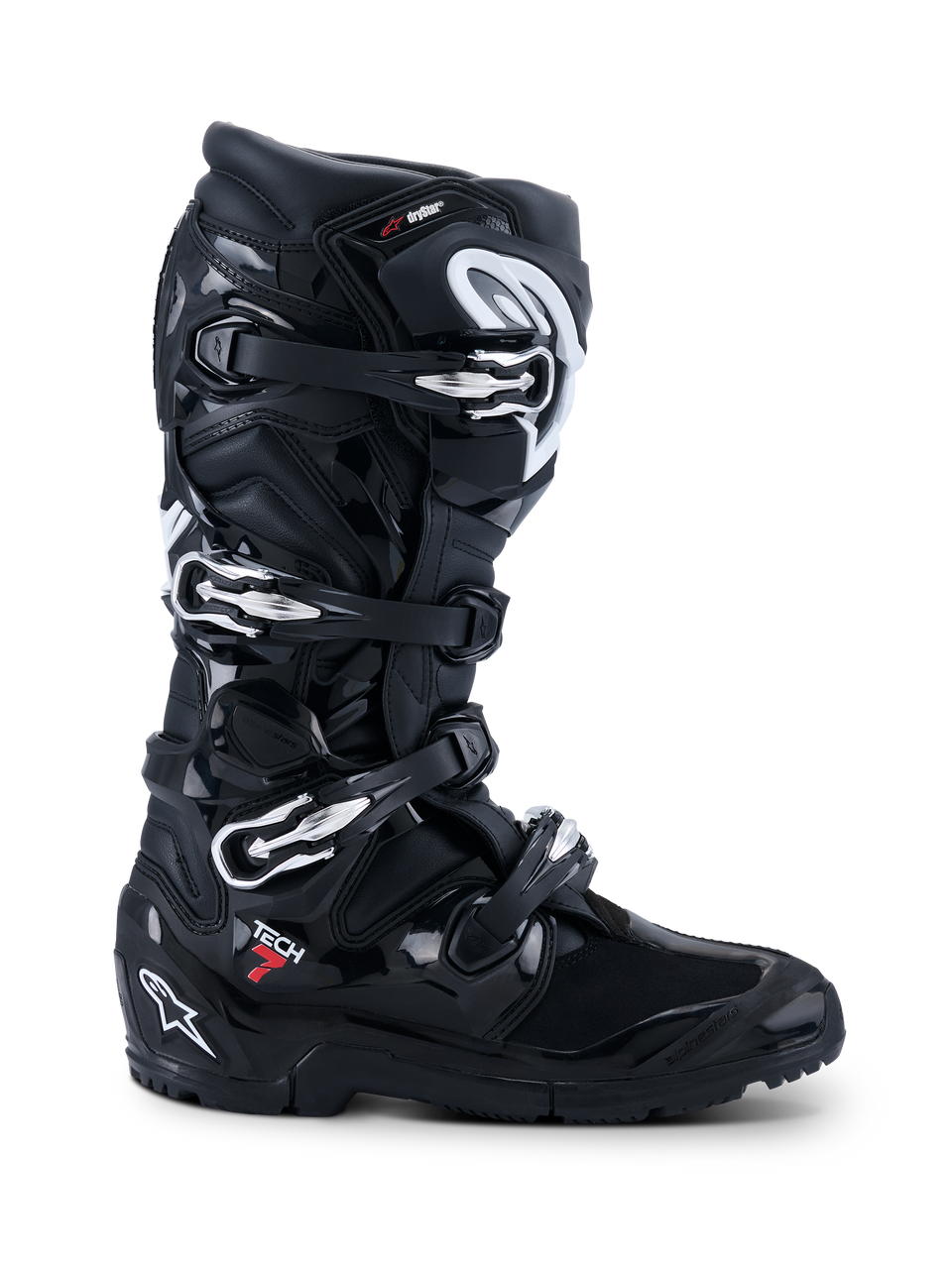 Alpinestars 2026 Tech 7 Enduro Drystar® Boots, stivali da moto off-road neri, vista laterale con quattro chiusure a fibbia argento, robusta suola enduro bi-mescola e ampia protezione in TPU con finiture nere opache e lucide.