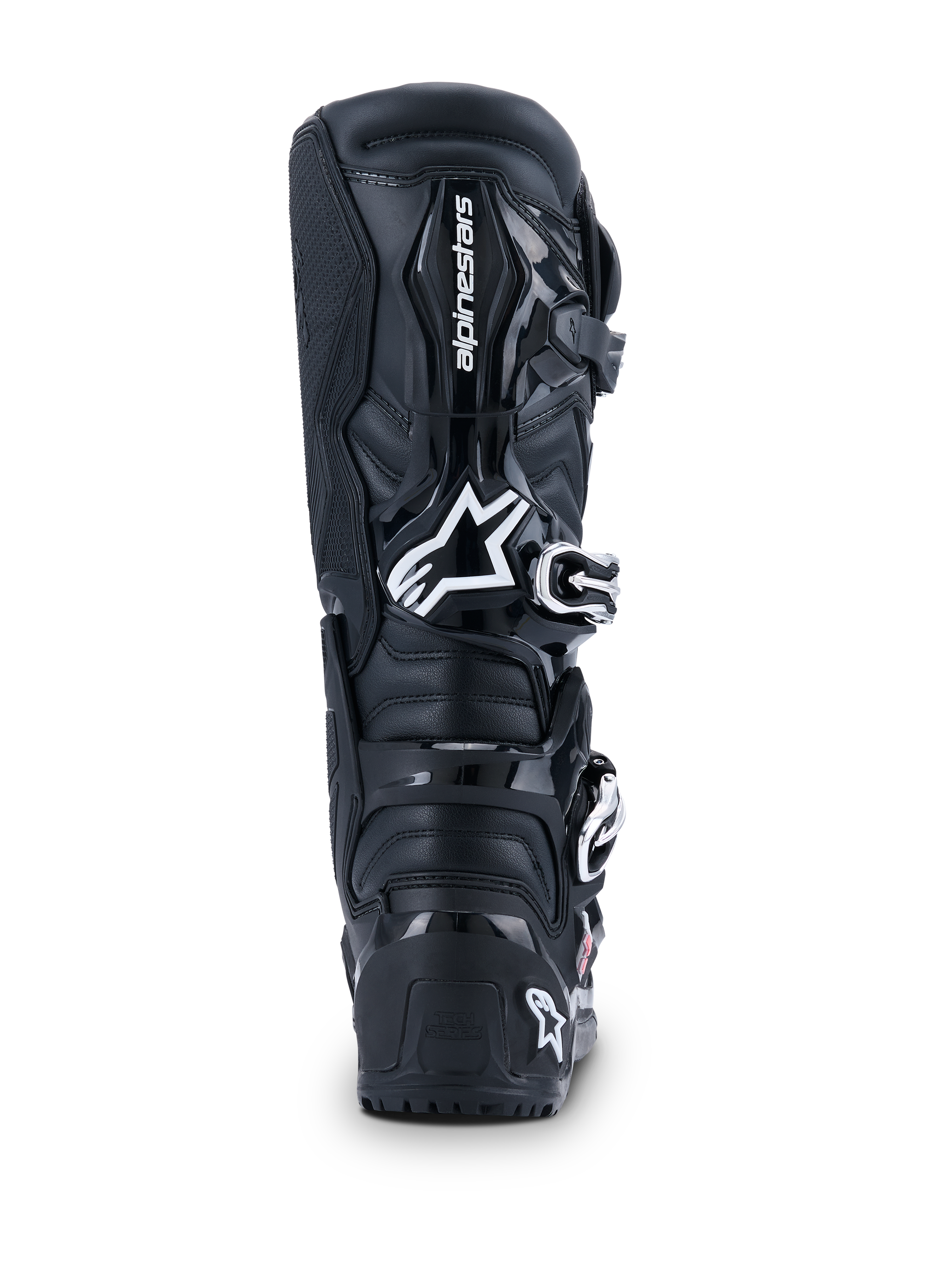 Alpinestars 2026 Tech 7 Enduro Drystar® Boots, stivali da motocross, nero, vista posteriore con logo Alpinestars bianco sul polpaccio, pannelli di protezione in TPU e costruzione robusta per guida off-road ed enduro