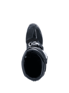 Stivali Alpinestars 2026 Tech 7 Enduro Drystar®, stivali da motocross, nero, vista dall'alto dell'apertura interna, sezione della punta rinforzata e chiusura a fibbia, equipaggiamento protettivo per fuoristrada