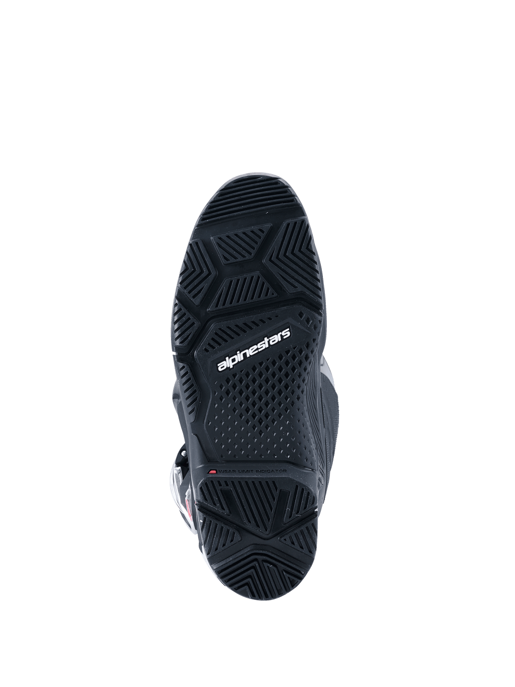 Stivali Alpinestars Tech 7 Enduro Drystar® 2026, nero, vista dal basso della suola bi-mescola specifica per enduro, con motivi geometrici del battistrada per grip su ogni terreno e logo Alpinestars bianco