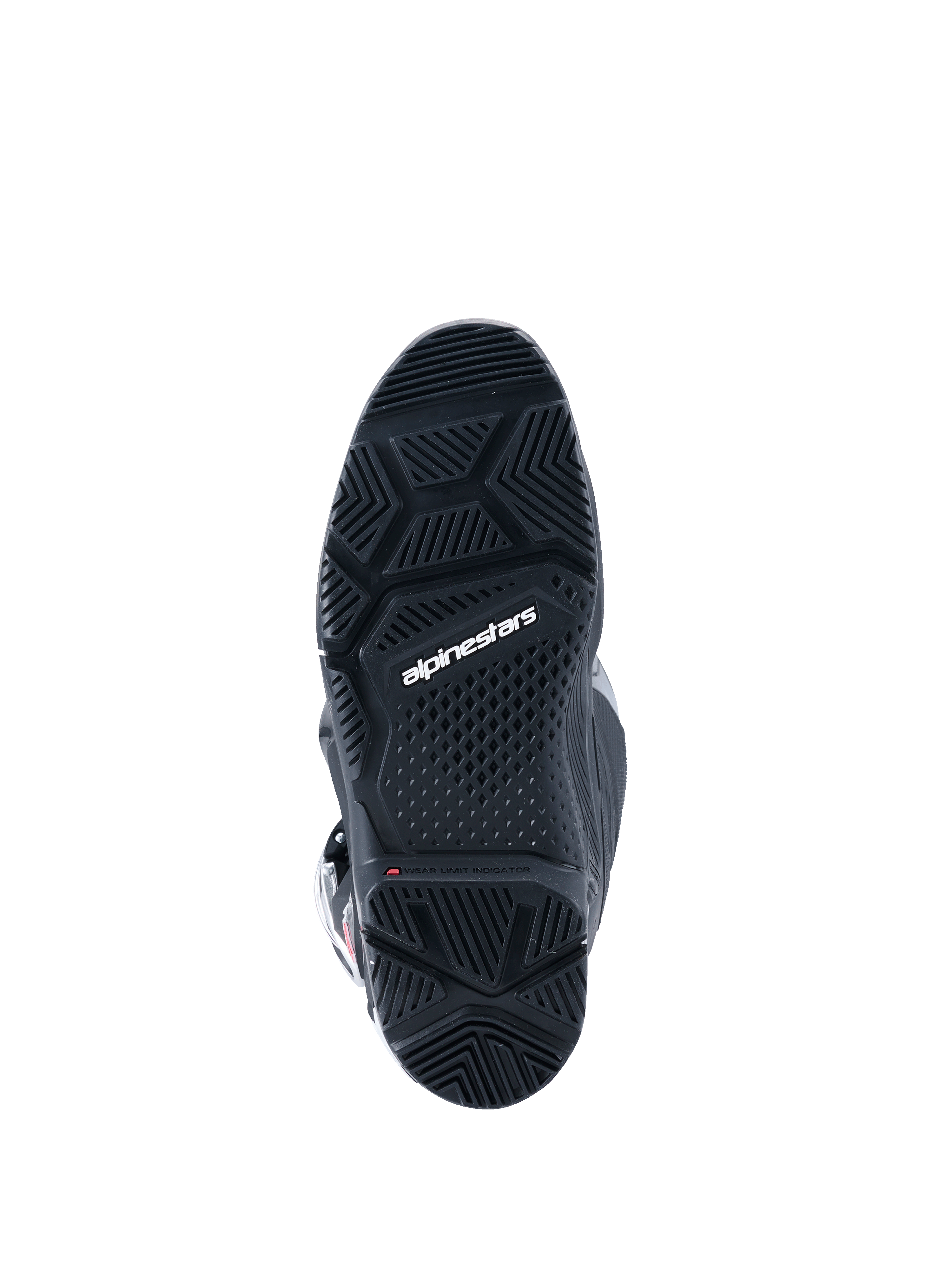 Stivali Alpinestars Tech 7 Enduro Drystar® 2026, nero, vista dal basso della suola bi-mescola specifica per enduro, con motivi geometrici del battistrada per grip su ogni terreno e logo Alpinestars bianco
