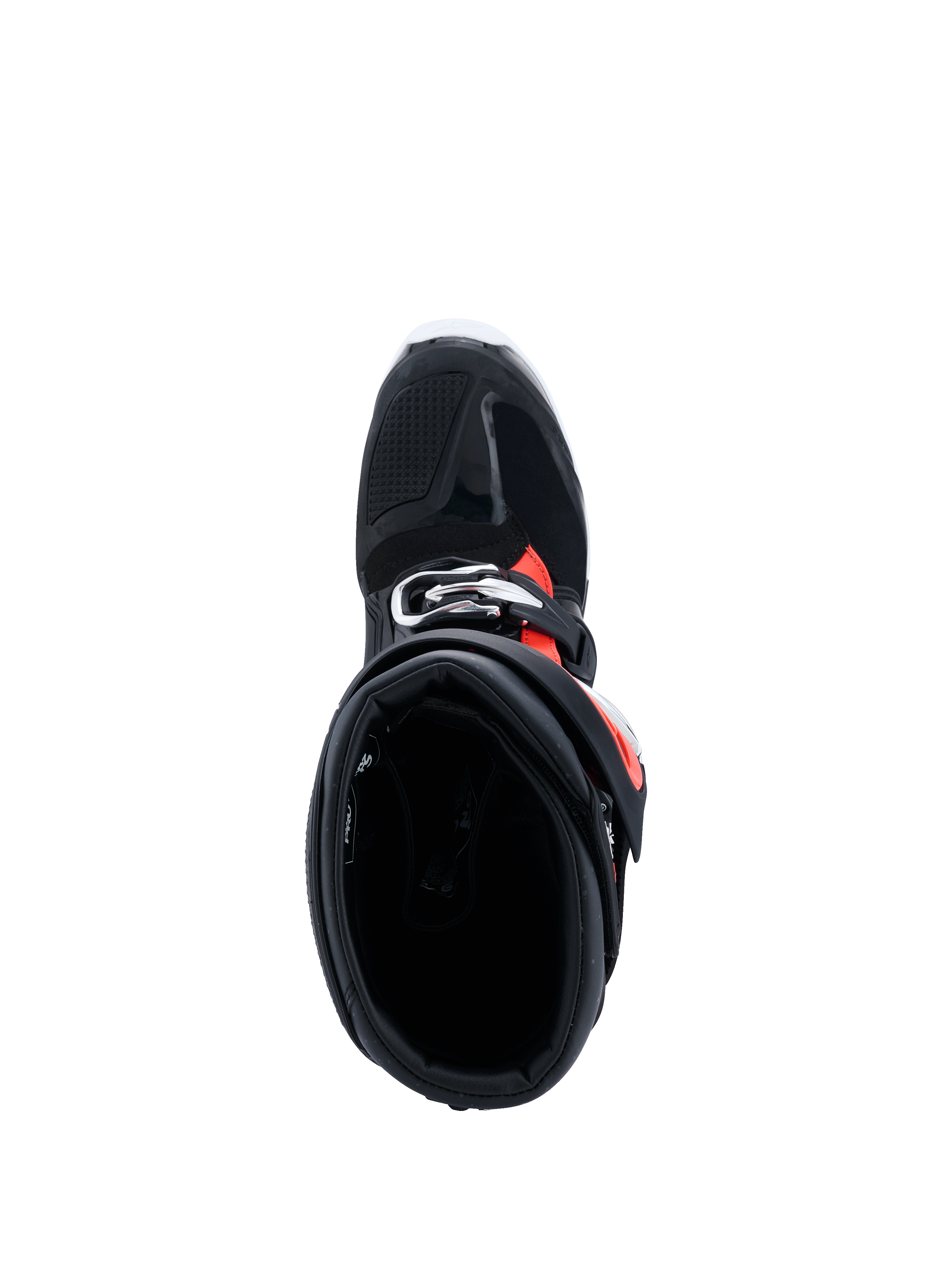 Stivali Alpinestars Tech 7 Enduro Drystar® 2026, nero rosso fluo bianco, vista dall'alto verso l'interno del gambale, mostra l'ampia apertura d'ingresso e l'imbottitura interna, calzature protettive da enduro per guida off-road