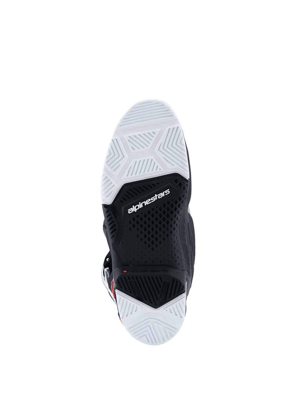 Stivali Alpinestars 2026 Tech 7 Enduro Drystar®, vista della suola, mescola in gomma a doppia densità bianca e nera, trame geometriche per il grip, logo Alpinestars e indicatore del limite di usura, progettati per la trazione off-road ed enduro