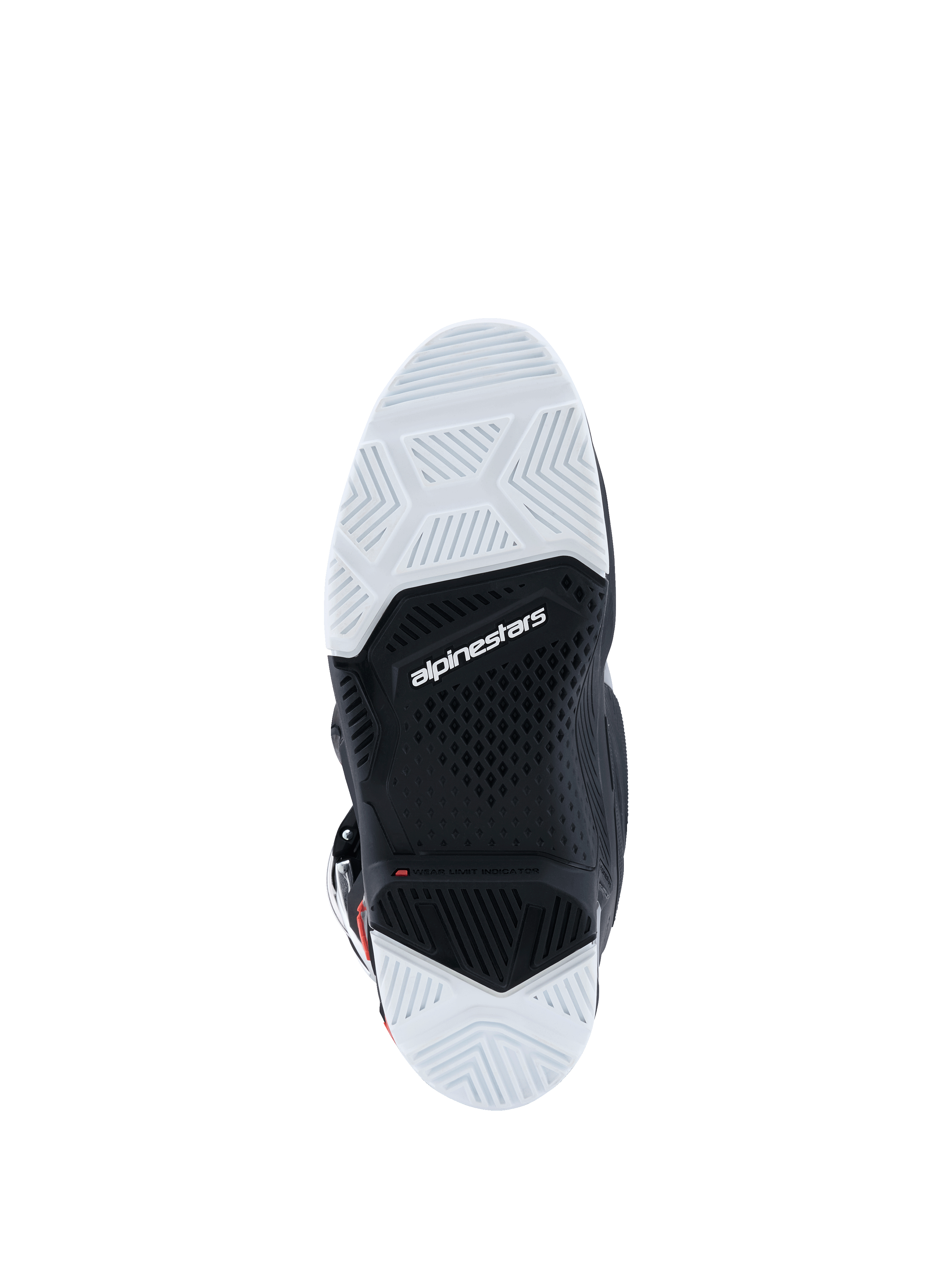 Stivali Alpinestars 2026 Tech 7 Enduro Drystar®, vista della suola, mescola in gomma a doppia densità bianca e nera, trame geometriche per il grip, logo Alpinestars e indicatore del limite di usura, progettati per la trazione off-road ed enduro