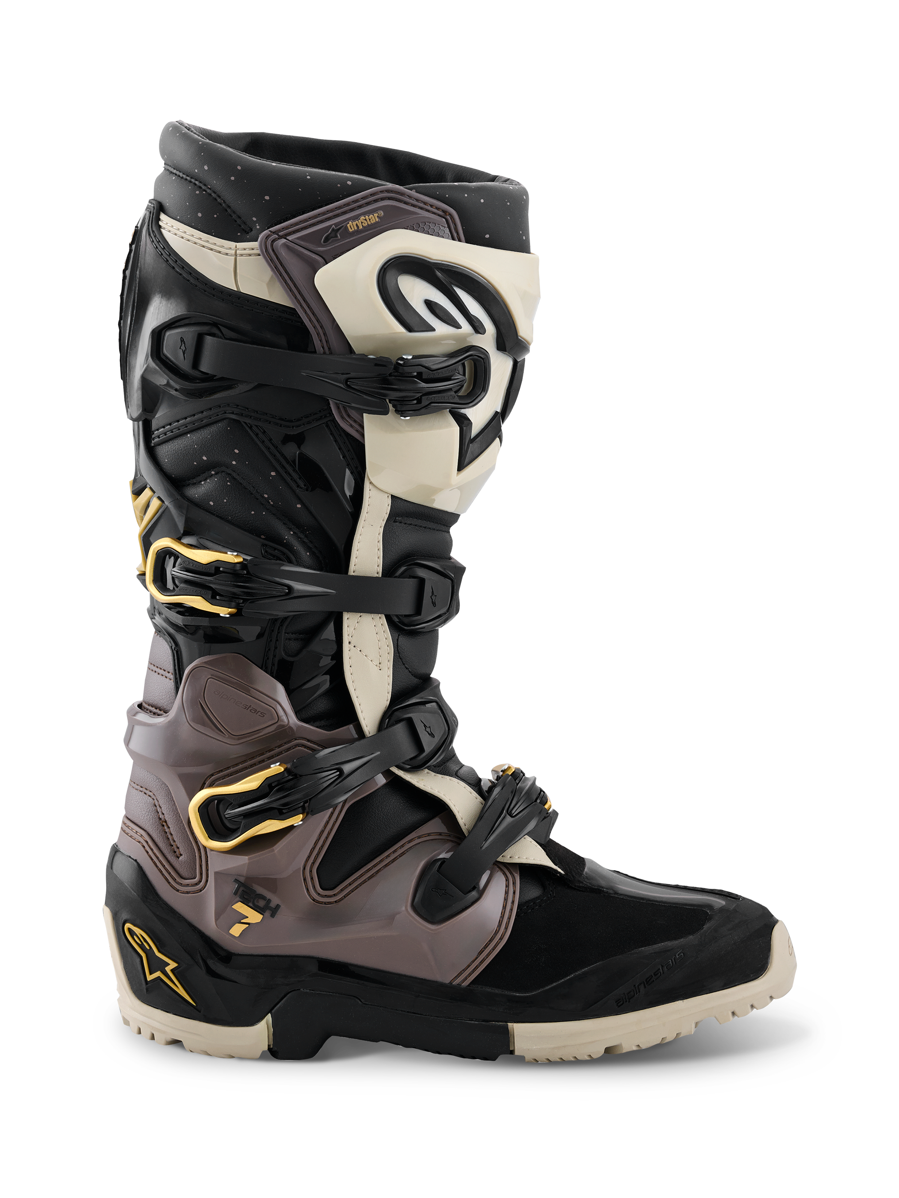 Stivali Alpinestars 2026 Tech 7 Enduro Drystar®, stivali da motocross ed enduro, nero, grigio scuro e oro, caratterizzati da un sistema di chiusura multi-fibbia con accenti dorati, suola robusta a doppia mescola e pannelli protettivi in TPU resistente, calzature professionali per la guida fuoristrada