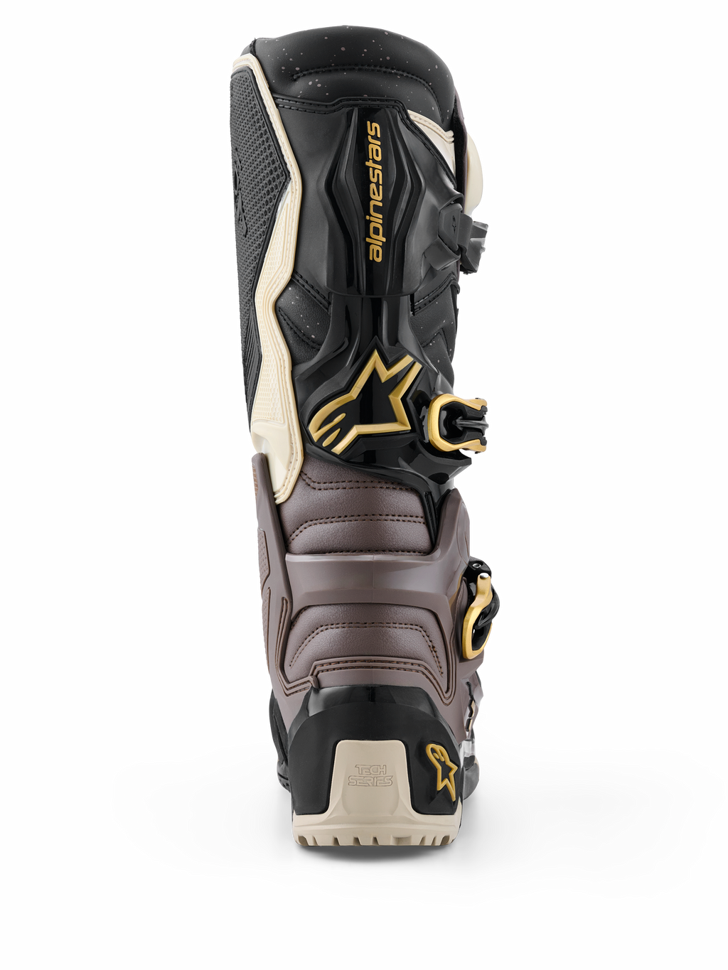 Stivali Alpinestars 2026 Tech 7 Enduro Drystar®, nero, grigio scuro e oro, vista posteriore che mostra il guscio protettivo in TPU, fibbie dorate e logo Alpinestars, calzature da enduro ad alte prestazioni