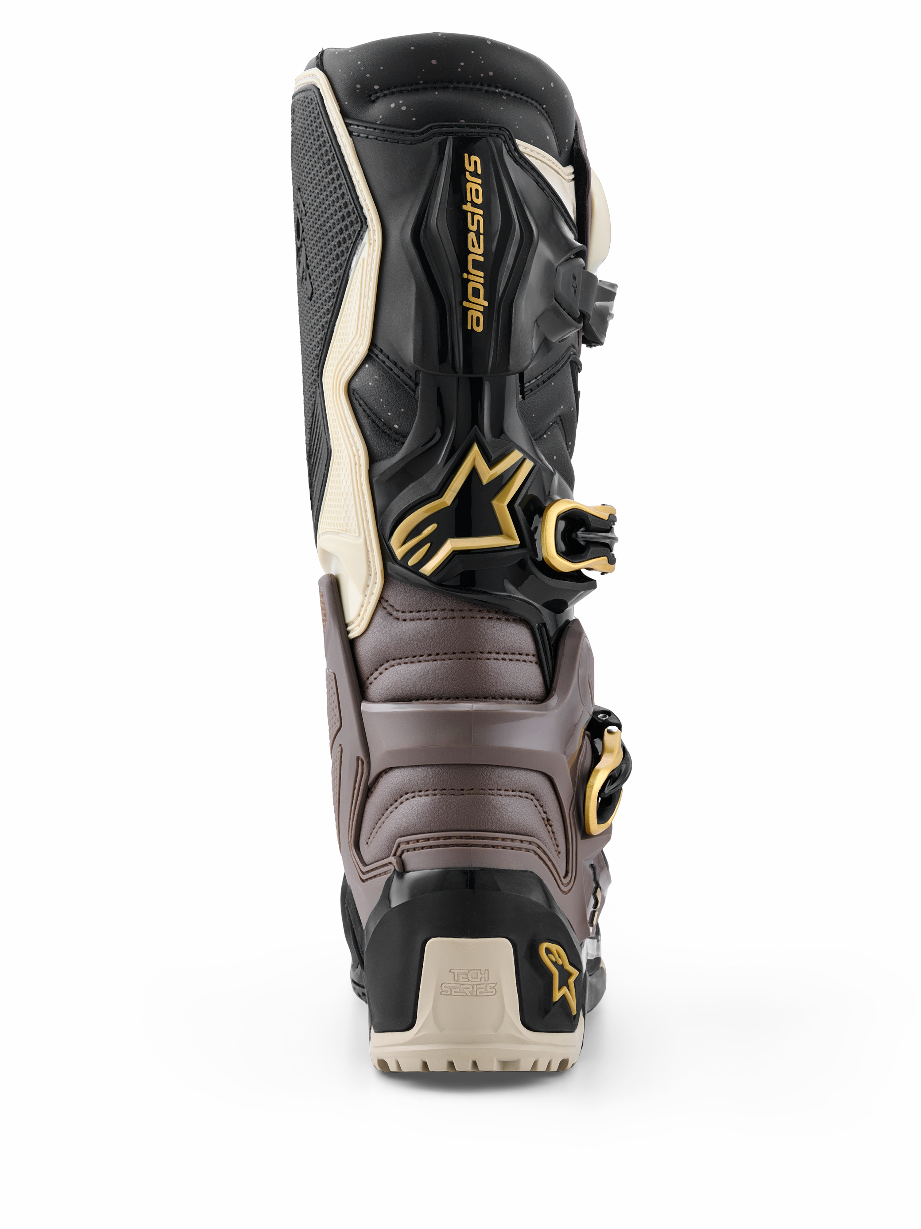 Stivali Alpinestars 2026 Tech 7 Enduro Drystar®, nero, grigio scuro e oro, vista posteriore che mostra il guscio protettivo in TPU, fibbie dorate e logo Alpinestars, calzature da enduro ad alte prestazioni