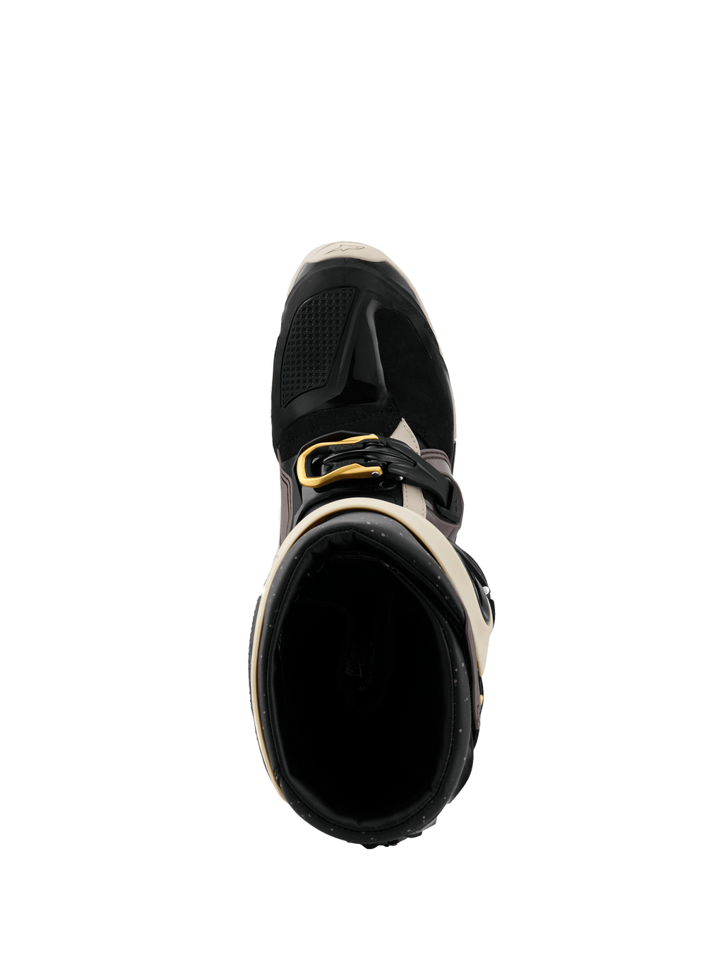 Alpinestars 2026 Tech 7 Enduro Drystar® Boots, nero, grigio scuro e oro, vista dall'alto dell'apertura dello stivale, con fibbia dorata, fodera interna e puntale protettivo in TPU