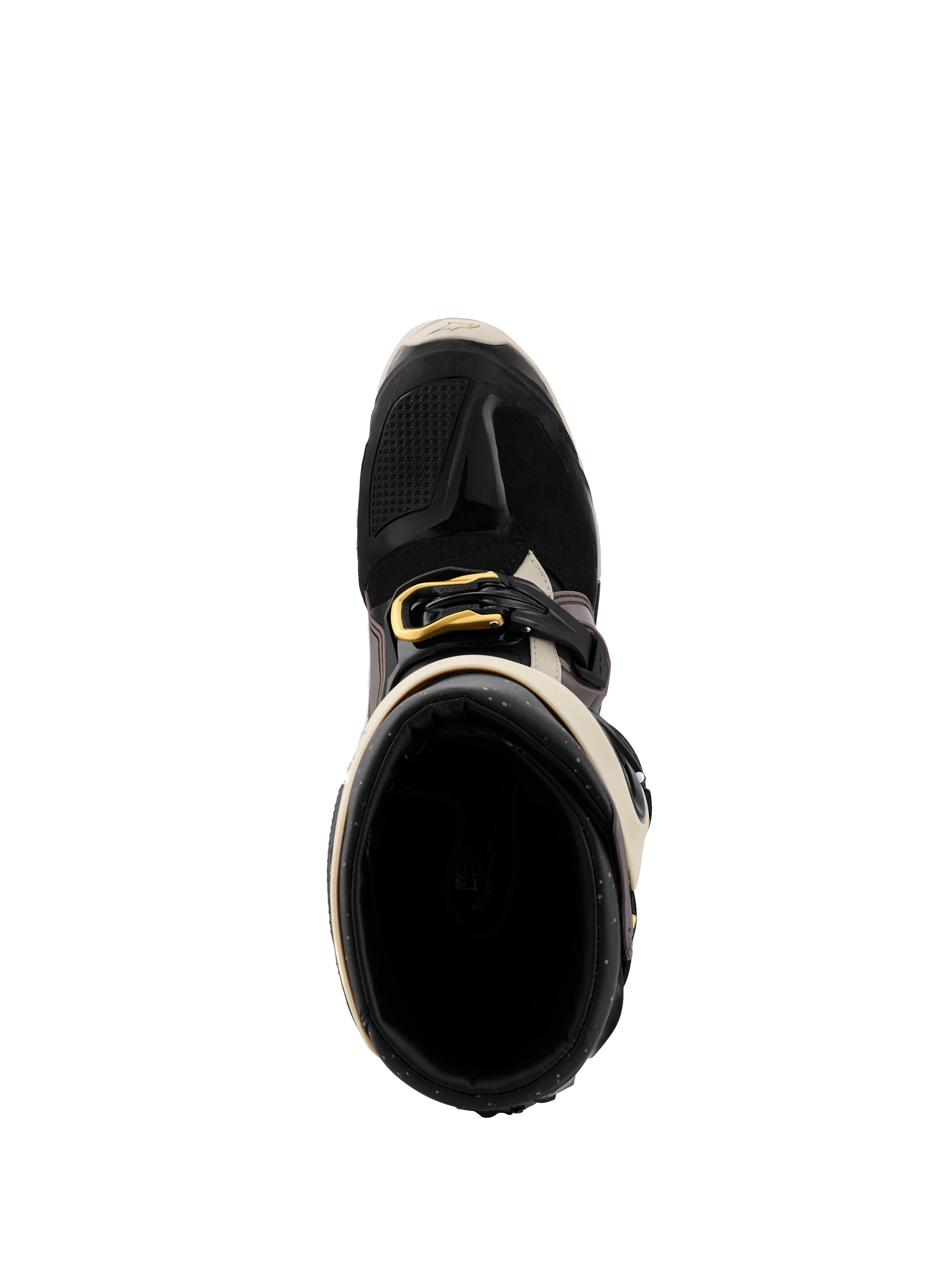 Alpinestars 2026 Tech 7 Enduro Drystar® Boots, nero, grigio scuro e oro, vista dall'alto dell'apertura dello stivale, con fibbia dorata, fodera interna e puntale protettivo in TPU