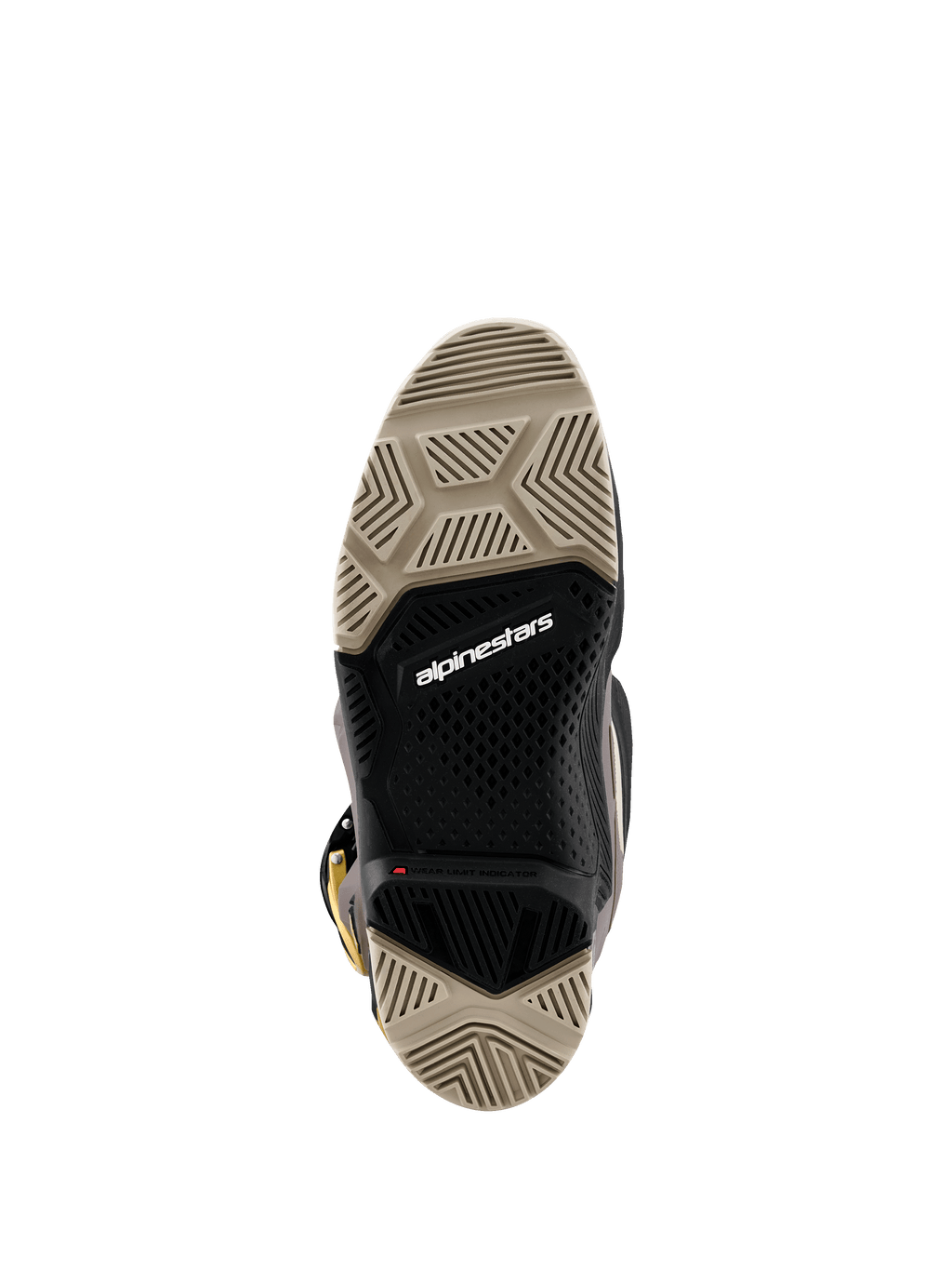 Stivali Alpinestars 2026 Tech 7 Enduro Drystar®, vista della suola a doppia mescola, battistrada specializzato beige e nero per il massimo grip, logo Alpinestars bianco e indicatore del limite di usura rosso