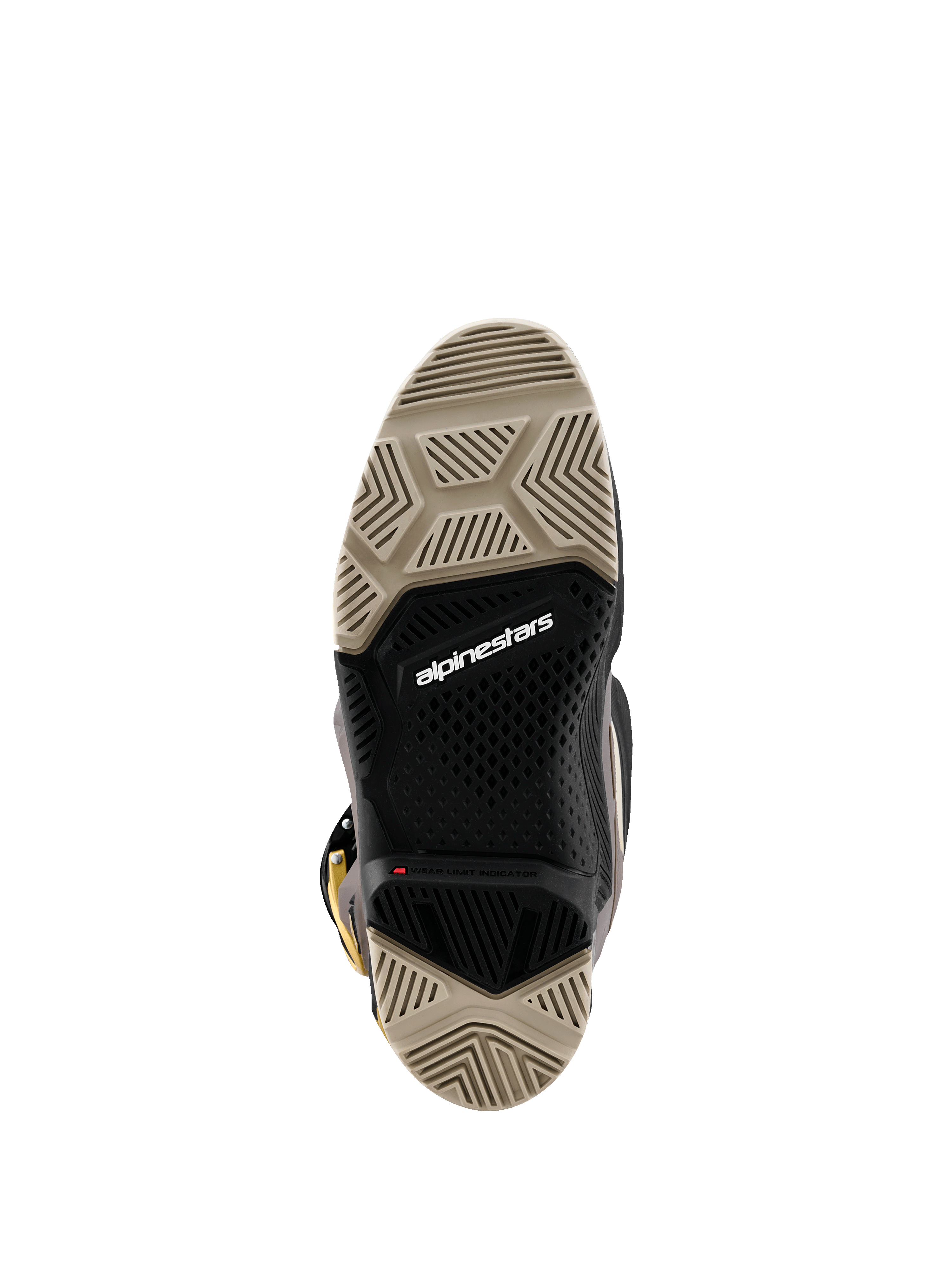 Stivali Alpinestars 2026 Tech 7 Enduro Drystar®, vista della suola a doppia mescola, battistrada specializzato beige e nero per il massimo grip, logo Alpinestars bianco e indicatore del limite di usura rosso