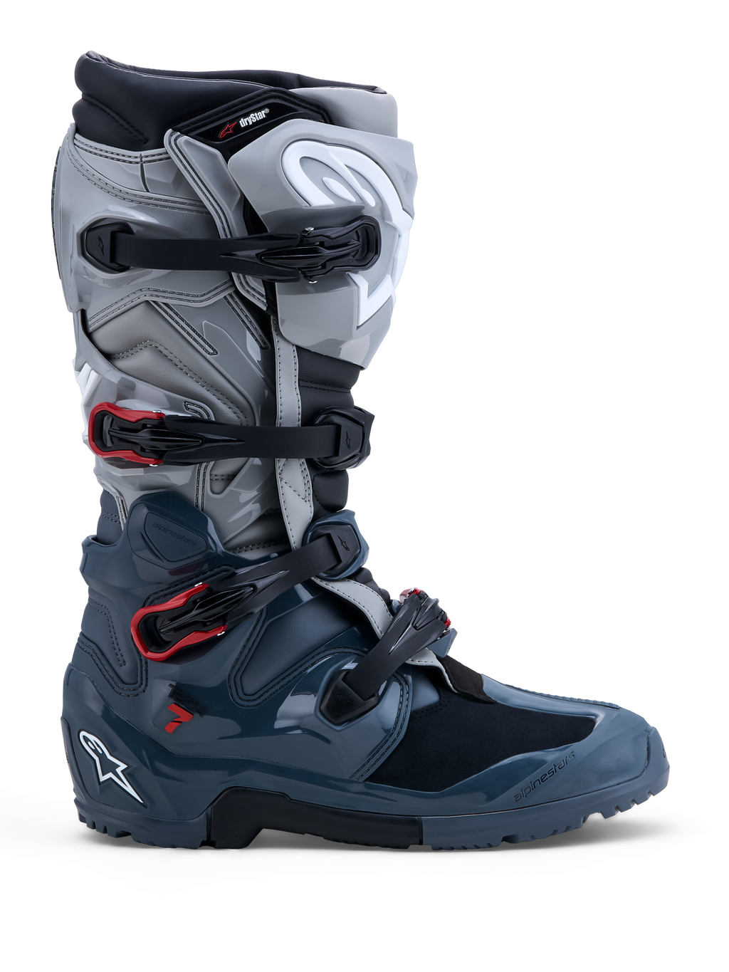 Alpinestars Stivali Tech 7 Enduro Drystar, stivali da moto off-road da uomo, grigio scuro e grigio medio con dettagli rossi, impermeabili, certificati CE