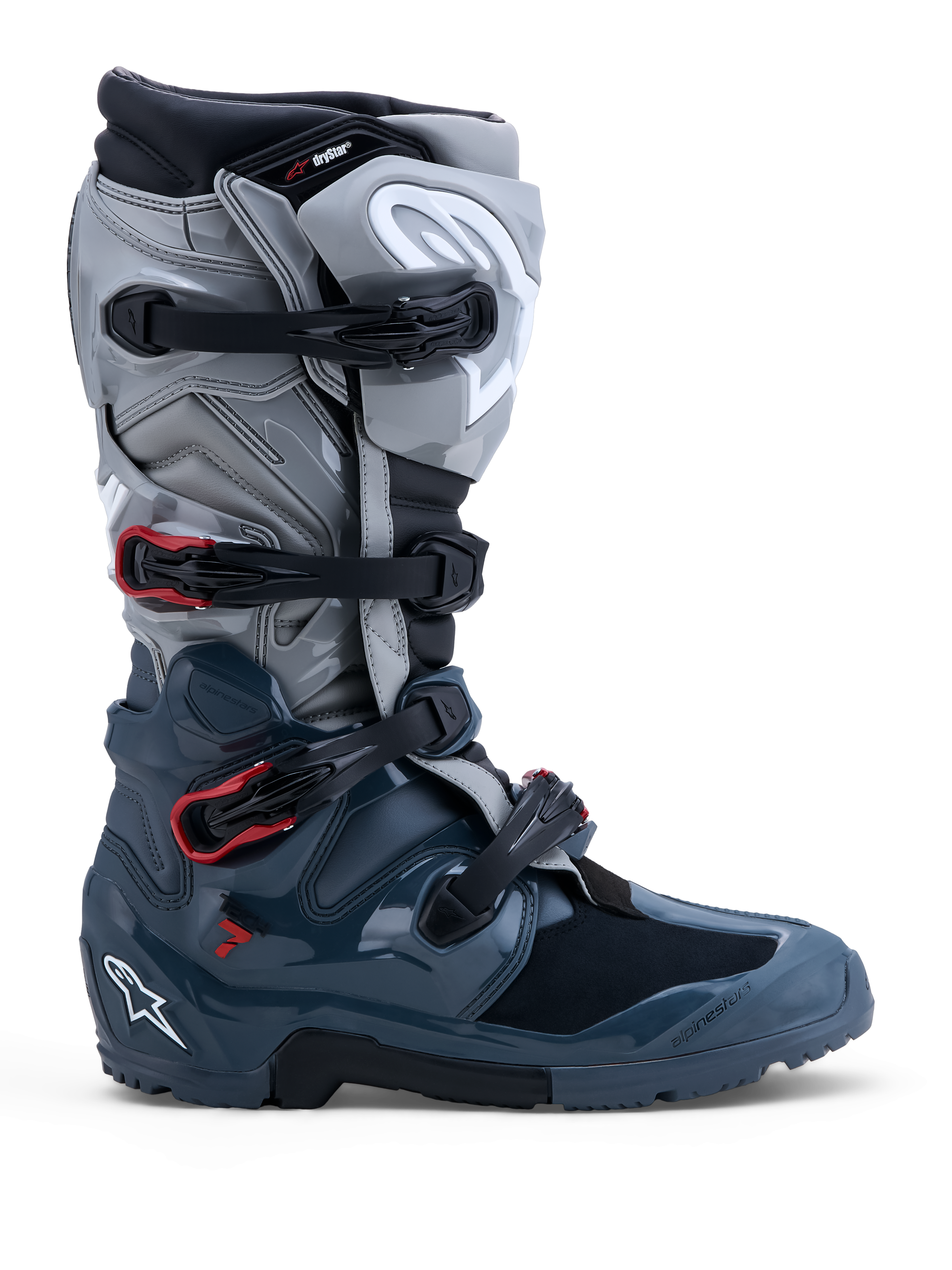 Alpinestars Stivali Tech 7 Enduro Drystar, stivali da moto off-road da uomo, grigio scuro e grigio medio con dettagli rossi, impermeabili, certificati CE