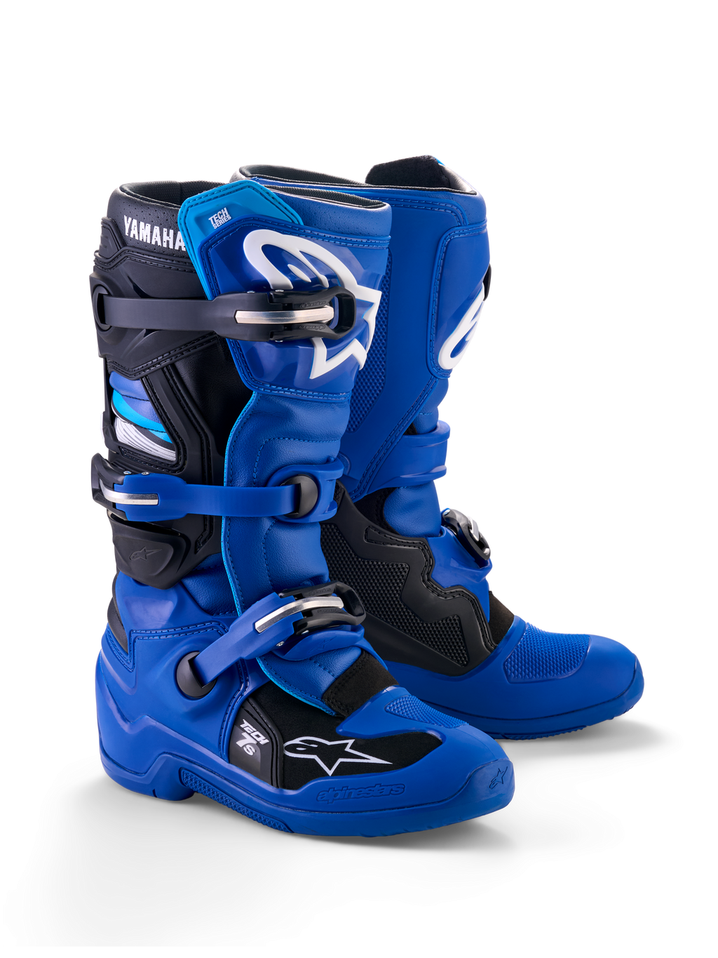 Stivali Alpinestars Yamaha Youth Tech 7S, stivali da motocross, blu, nero e bianco, con sistema di chiusura a fibbie multiple, scocca protettiva in TPU e loghi Alpinestars bianchi con marchio Yamaha sul gambetto