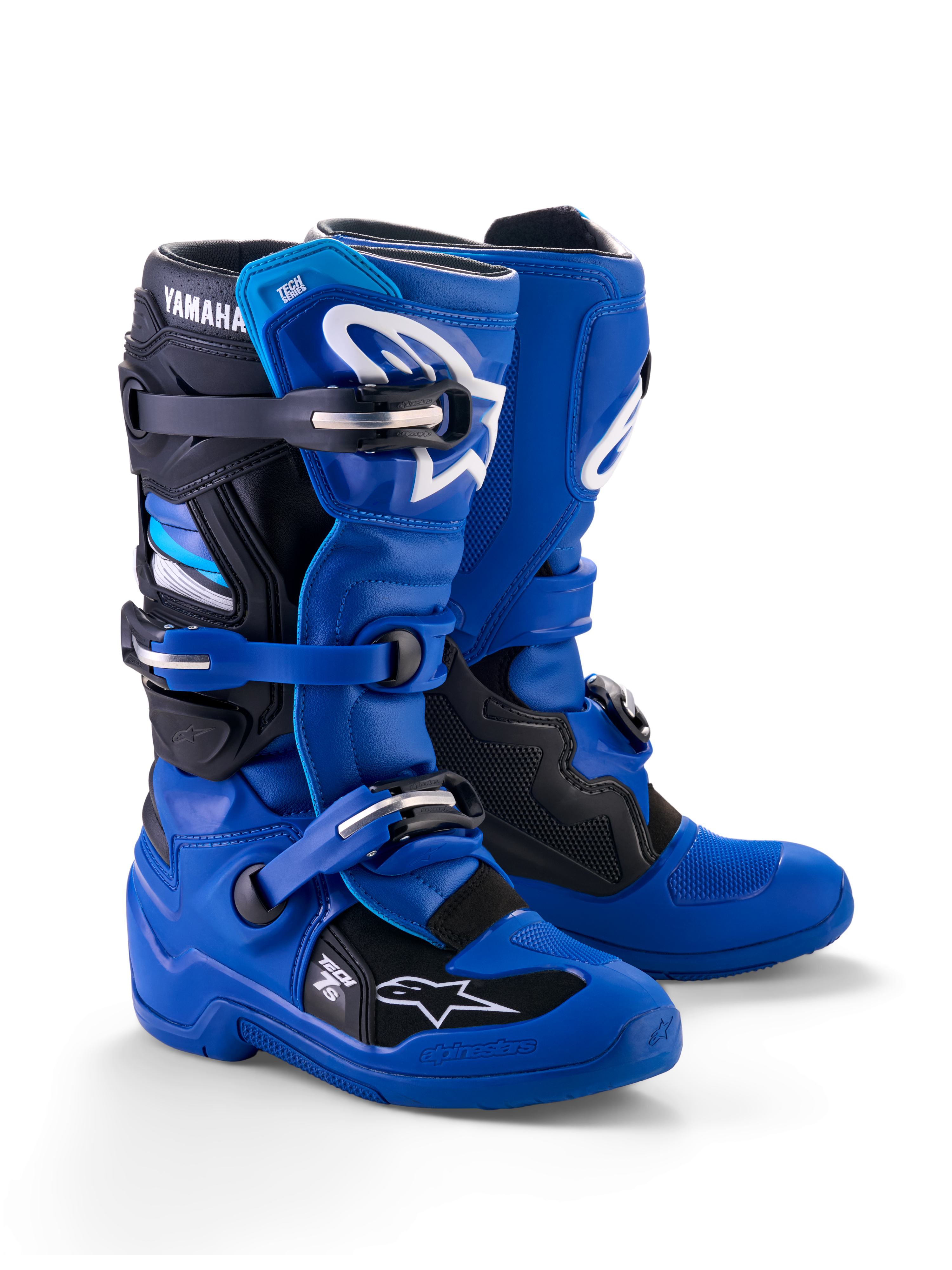 Stivali Alpinestars Yamaha Youth Tech 7S, stivali da motocross, blu, nero e bianco, con sistema di chiusura a fibbie multiple, scocca protettiva in TPU e loghi Alpinestars bianchi con marchio Yamaha sul gambetto