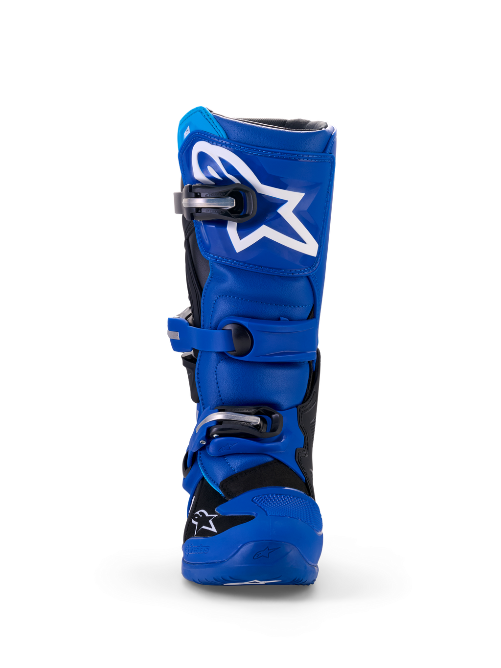 Stivali Alpinestars Yamaha Youth Tech 7S, stivali da motocross, blu, nero e bianco, vista frontale con placca tibiale in TPU e logo a stella bianco, sistema di chiusura con fibbie regolabili, costruzione protettiva resistente per il fuoristrada