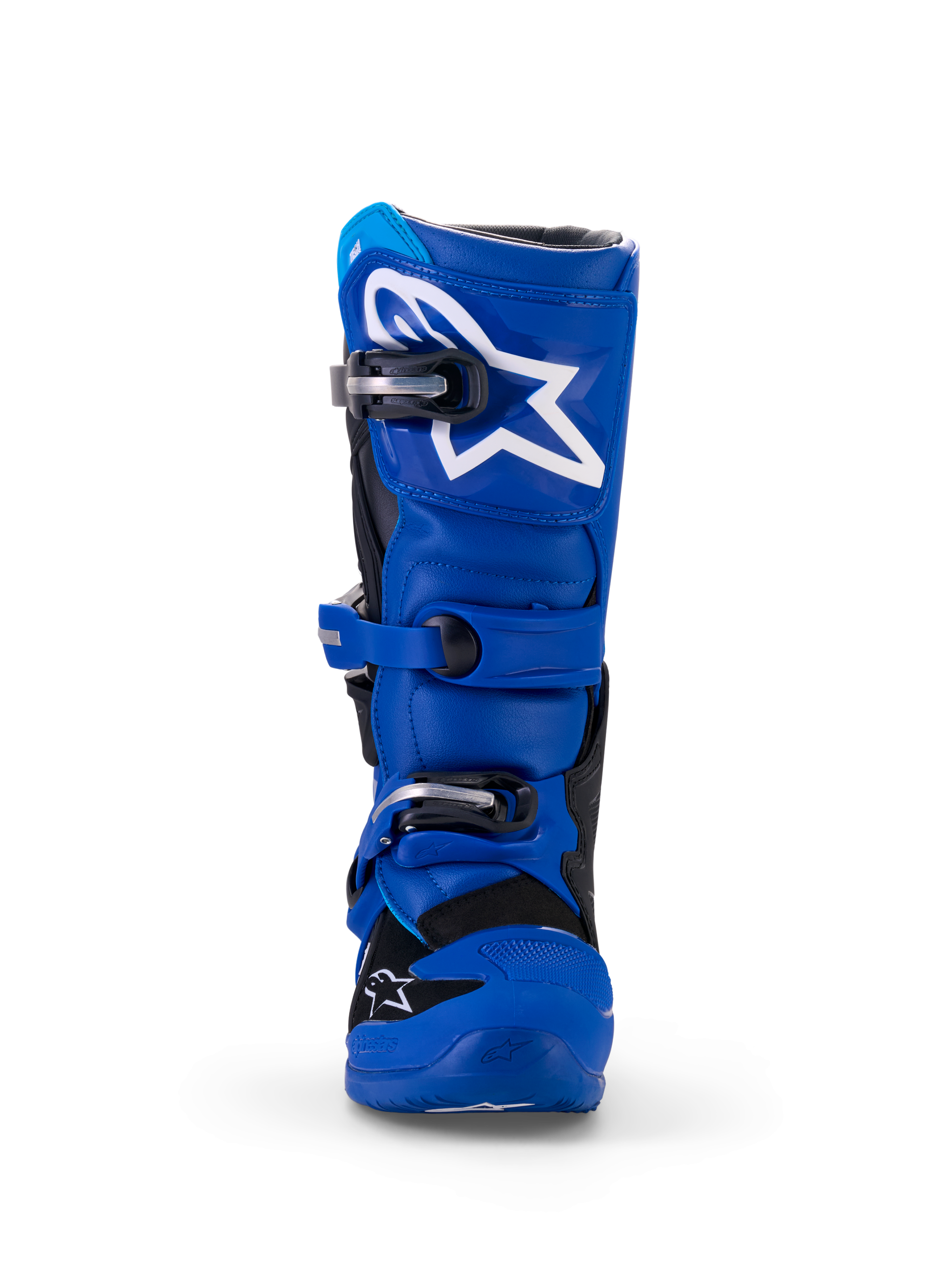 Stivali Alpinestars Yamaha Youth Tech 7S, stivali da motocross, blu, nero e bianco, vista frontale con placca tibiale in TPU e logo a stella bianco, sistema di chiusura con fibbie regolabili, costruzione protettiva resistente per il fuoristrada