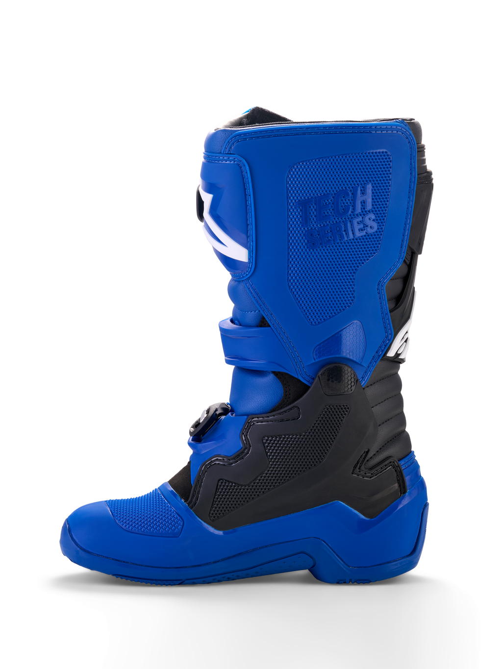 Alpinestars Yamaha Youth Tech 7S Boots, stivali da motocross per ragazzi, blu con accenti neri e bianchi, vista di profilo, con logo 'Tech Series' in rilievo, pannelli protettivi in TPU, sistema di chiusura con fibbie e suola blu resistente per prestazioni off-road