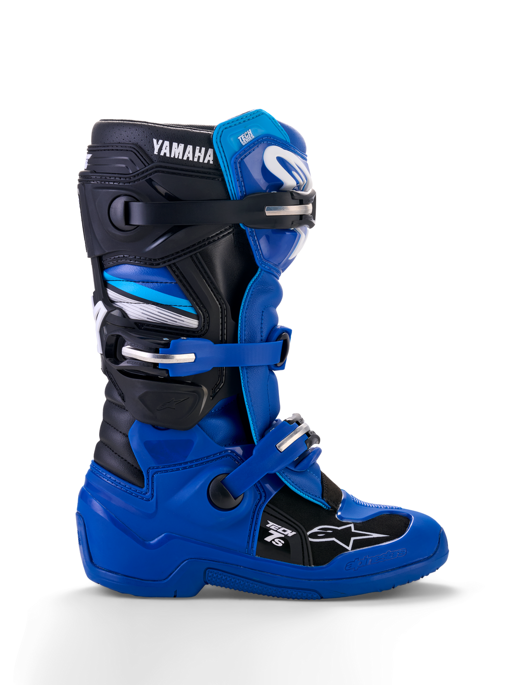 Stivali Alpinestars Yamaha Youth Tech 7S, stivali da motocross, blu, nero e bianco, vista laterale con fibbie regolabili, protezioni in TPU, marchio Yamaha e suola rinforzata per prestazioni off-road