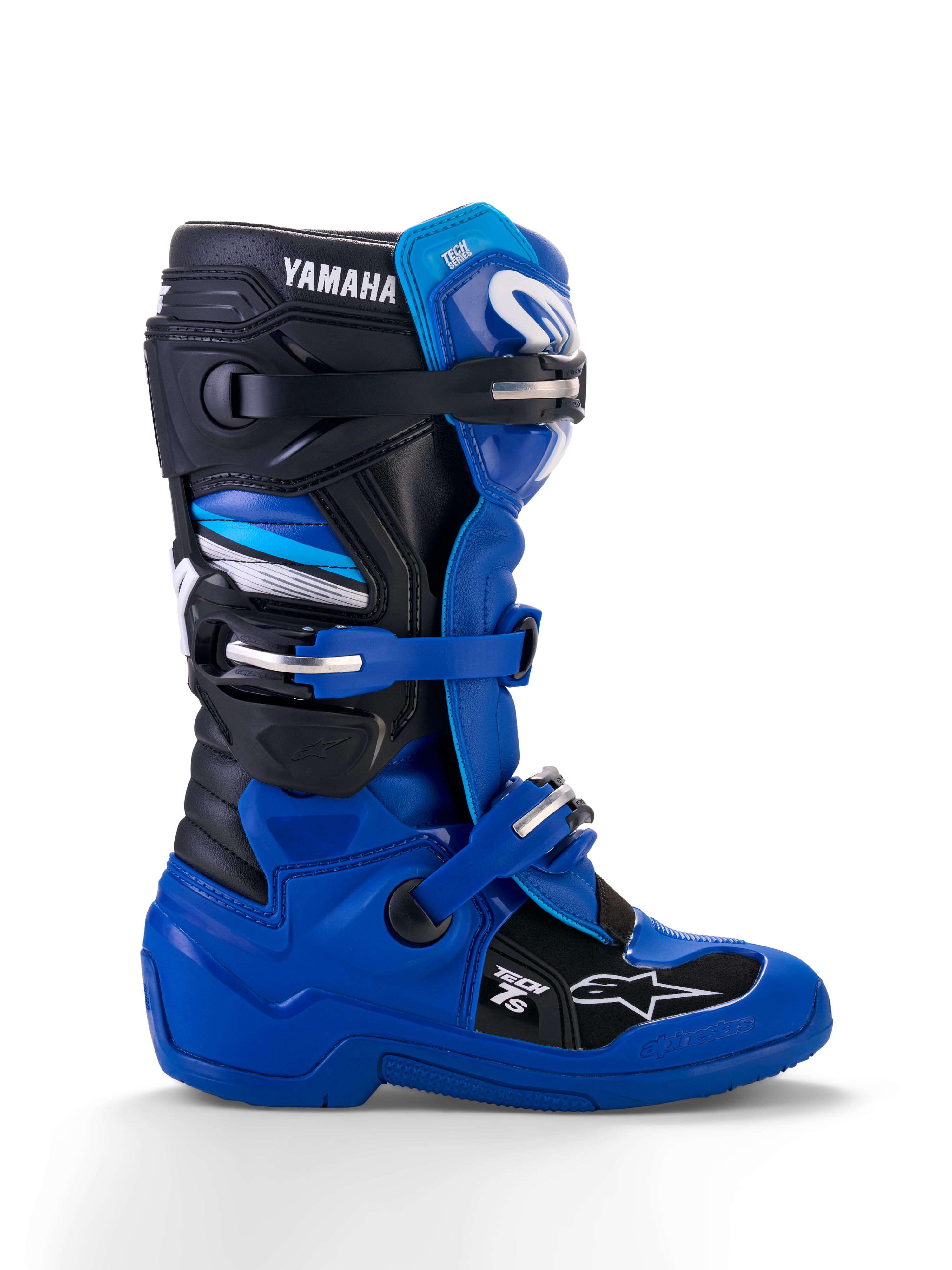 Stivali Alpinestars Yamaha Youth Tech 7S, stivali da motocross, blu, nero e bianco, vista laterale con fibbie regolabili, protezioni in TPU, marchio Yamaha e suola rinforzata per prestazioni off-road