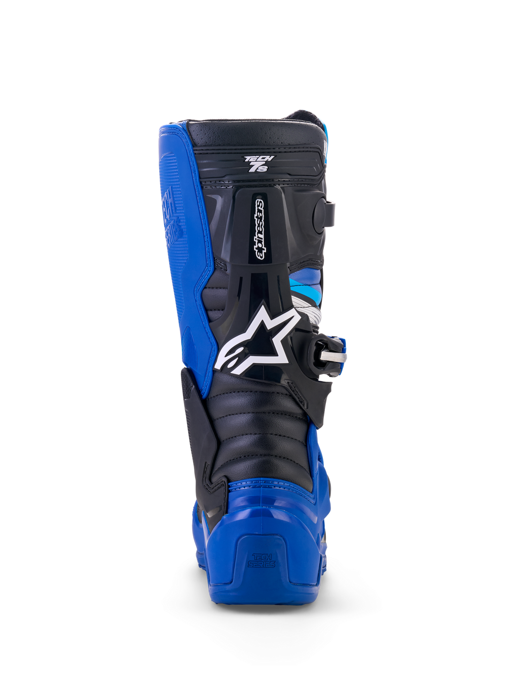 Stivali Alpinestars Yamaha Youth Tech 7S, stivali da motocross, blu, nero e bianco, vista posteriore con dettaglio della protezione in TPU su tallone e polpaccio, logo a stella bianco e design del sistema a perno resistente