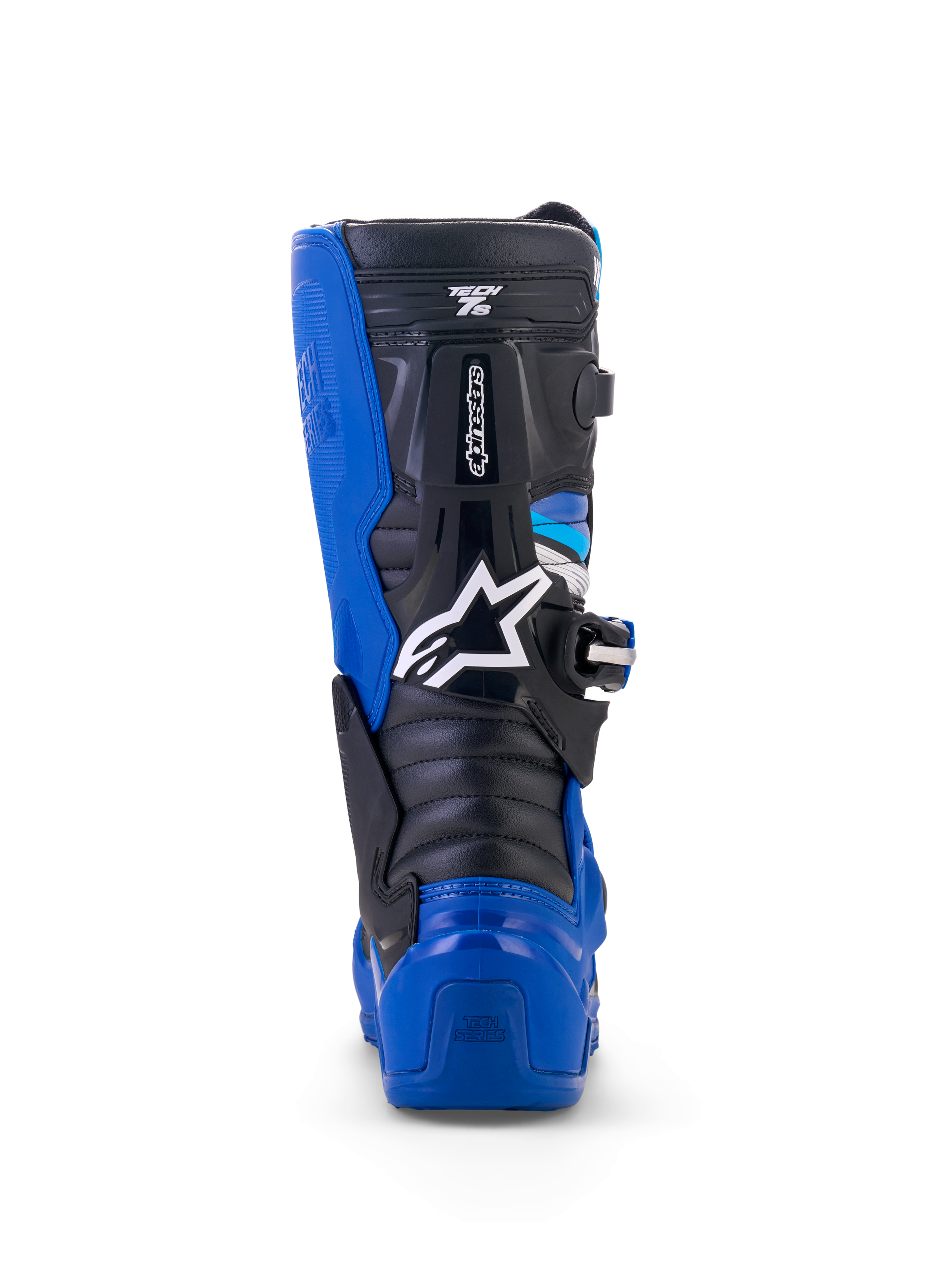 Stivali Alpinestars Yamaha Youth Tech 7S, stivali da motocross, blu, nero e bianco, vista posteriore con dettaglio della protezione in TPU su tallone e polpaccio, logo a stella bianco e design del sistema a perno resistente