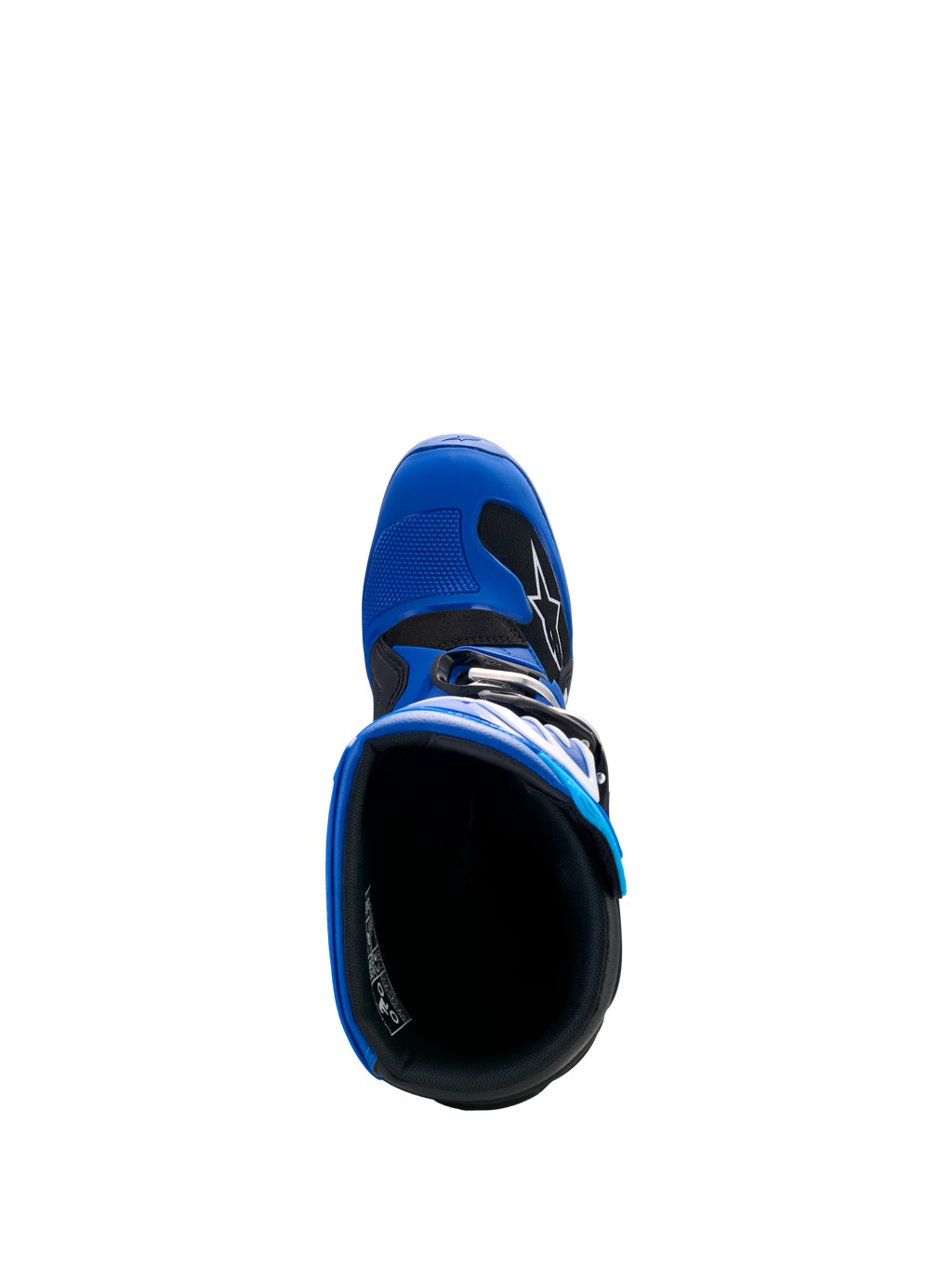 Stivali Alpinestars Yamaha Youth Tech 7S, blu, nero e bianco, vista dall'alto verso l'interno dello stivale, con fodera interna e puntale in TPU con protezione per il cambio, calzatura protettiva da motocross per ragazzi