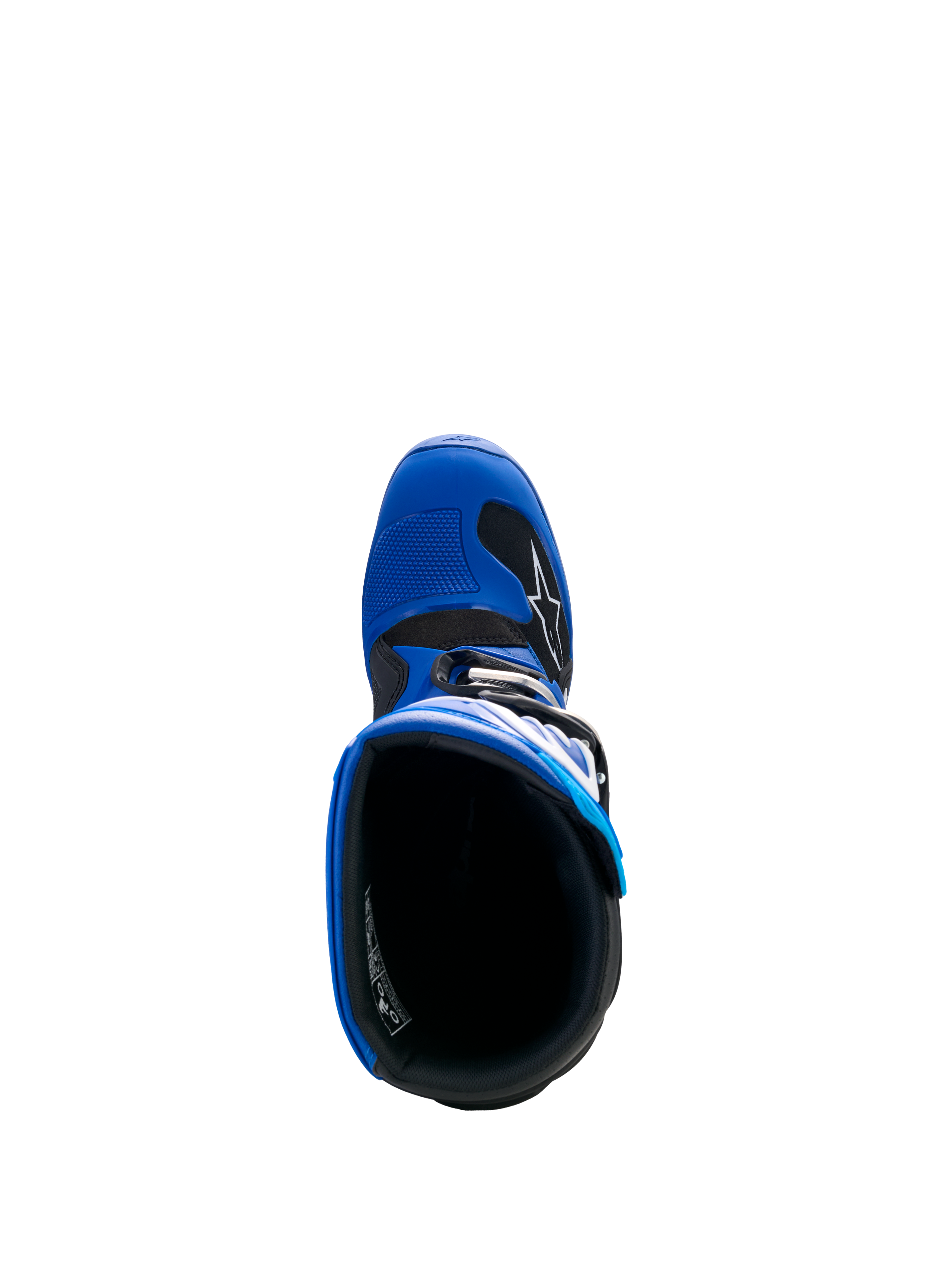 Stivali Alpinestars Yamaha Youth Tech 7S, blu, nero e bianco, vista dall'alto verso l'interno dello stivale, con fodera interna e puntale in TPU con protezione per il cambio, calzatura protettiva da motocross per ragazzi