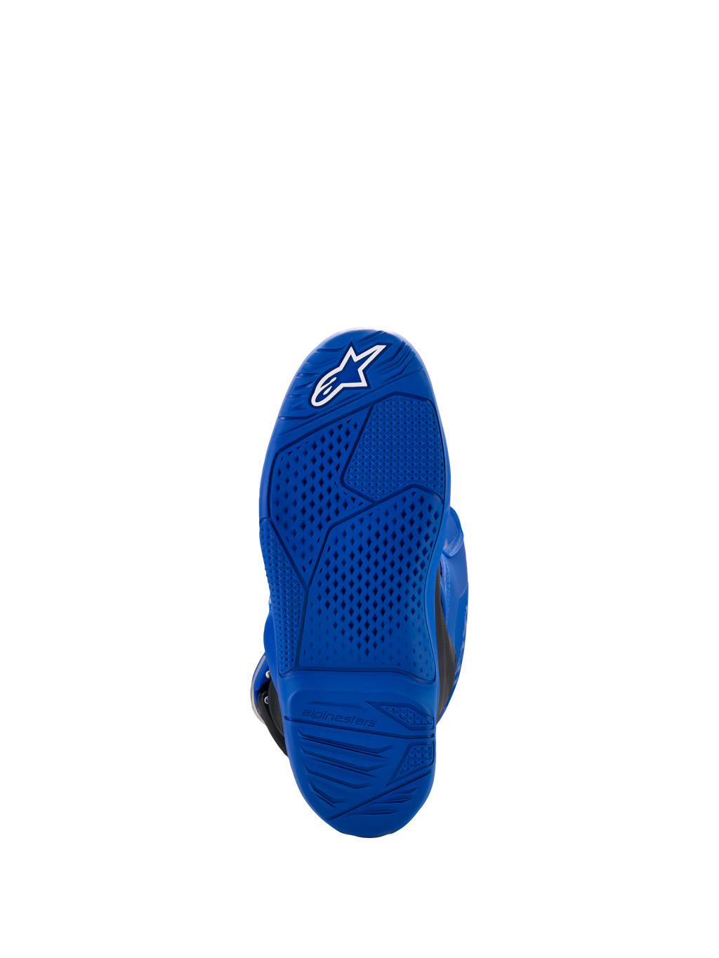 Alpinestars stivali Yamaha Tech 7S per ragazzi, blu, vista della suola con trama antiscivolo e logo a stella bianco, robusta costruzione in gomma per la guida off-road