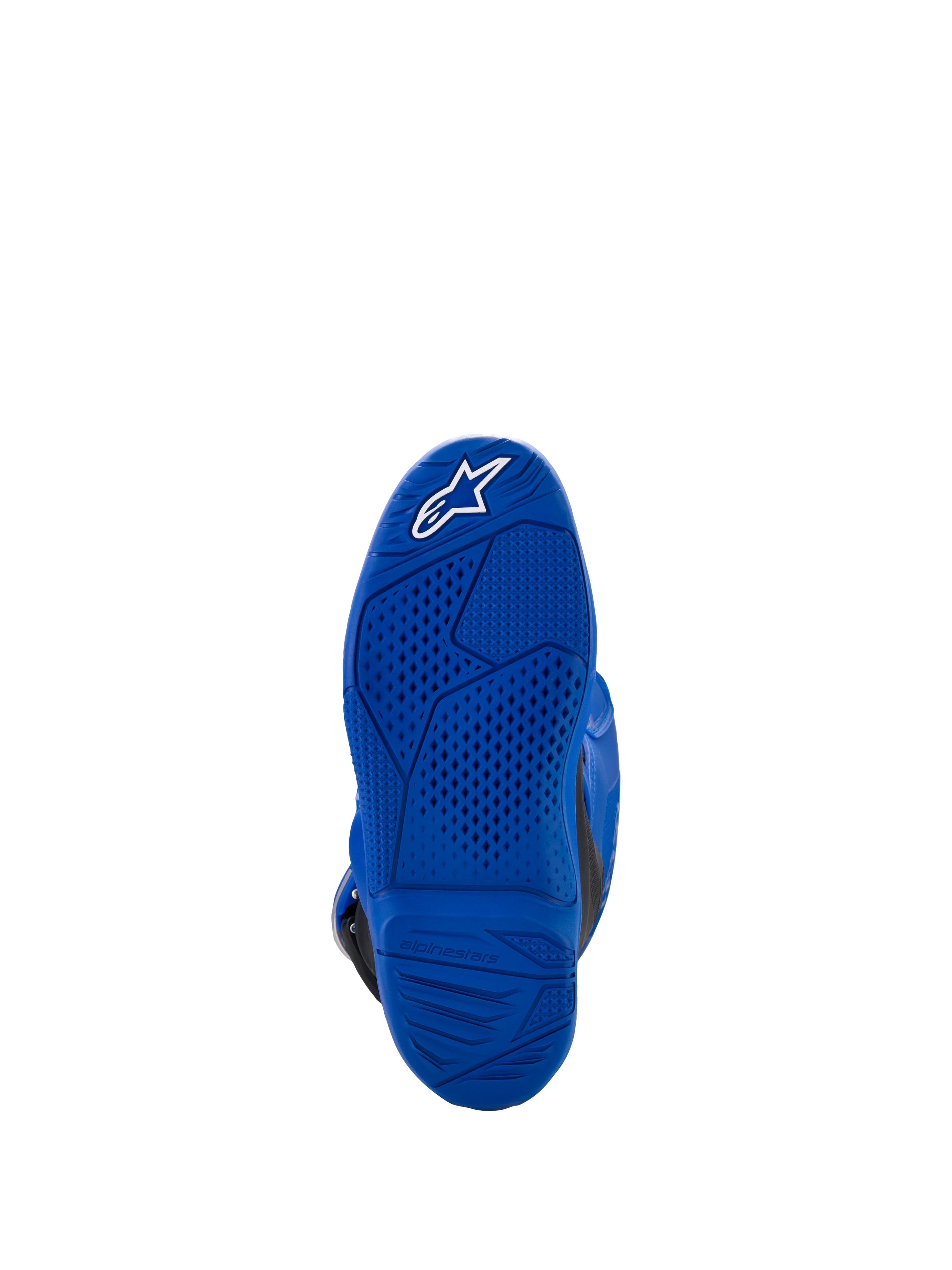 Alpinestars stivali Yamaha Tech 7S per ragazzi, blu, vista della suola con trama antiscivolo e logo a stella bianco, robusta costruzione in gomma per la guida off-road