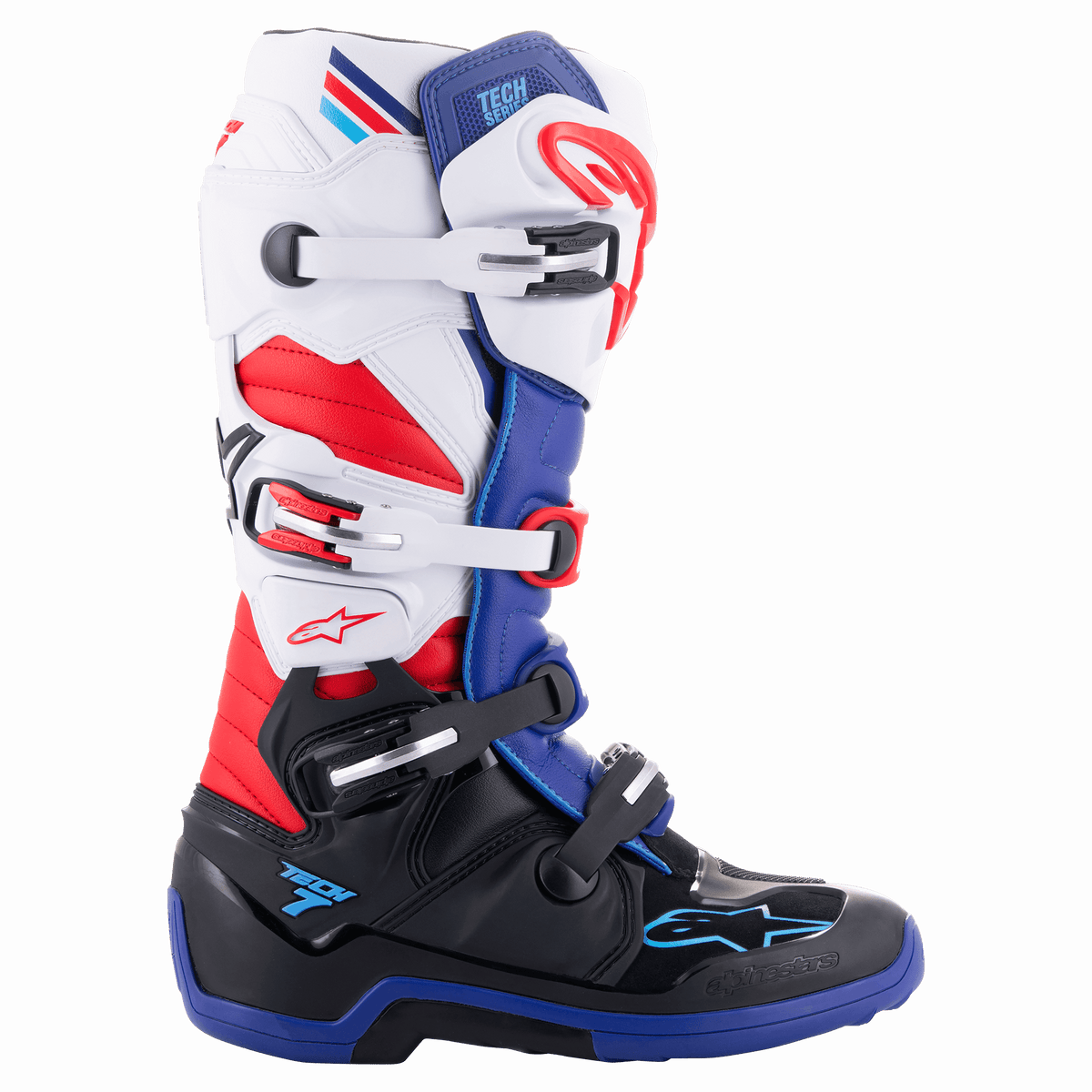 Alpinestars Tech 7 Boots, stivali da motocross fuoristrada, rosso, bianco, blu e nero, con quattro fibbie regolabili, pannelli protettivi in TPU, suola in gomma resistente e logo Alpinestars
