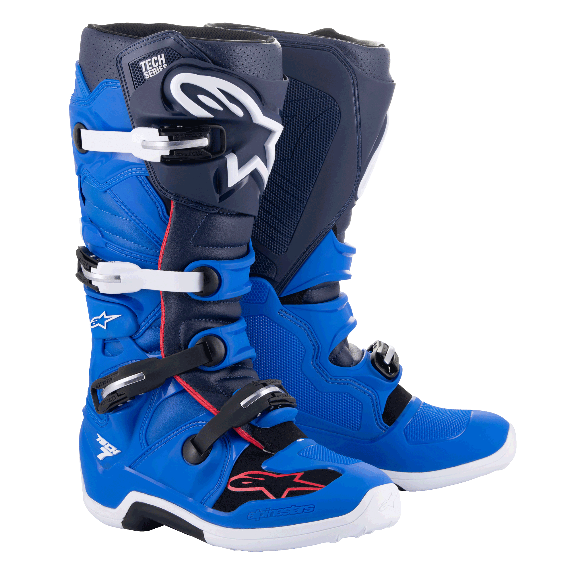 Stivali Alpinestars Tech 7, stivali da motocross, blu Alpine, blu navy e rosso acceso, con fibbie in alluminio bianche e nere, grande logo a stella bianco sulla tibia e resistenti suole bianche, equipaggiamento protettivo per il fuoristrada
