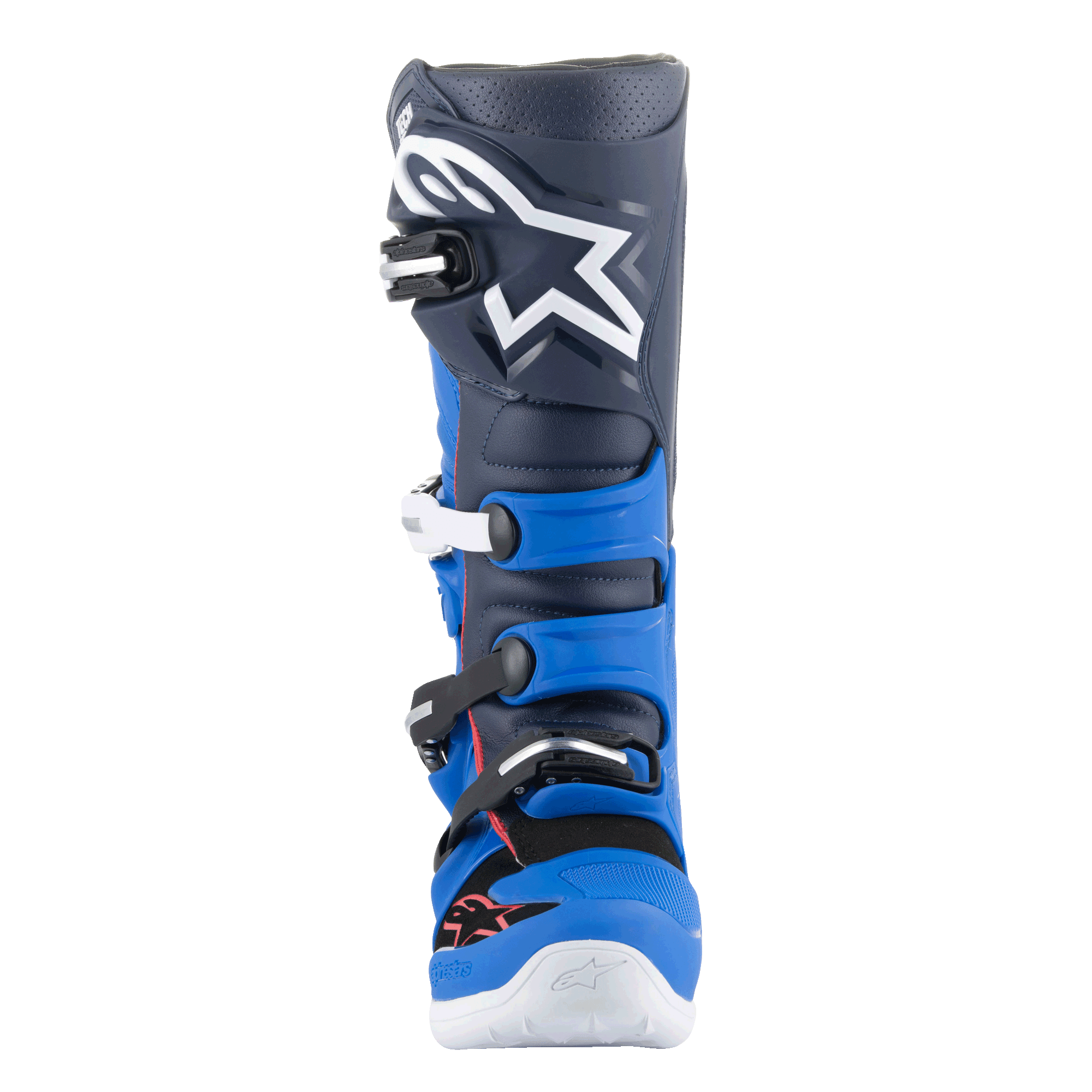 Stivali Alpinestars Tech 7, stivali da motocross, Alpine Blue, Night Navy e Bright Red, vista frontale con tomaia blu navy scuro, grande logo Astars bianco, pannelli protettivi in TPU blu acceso e sistema di chiusura a fibbie, calzature ad alte prestazioni per il fuoristrada