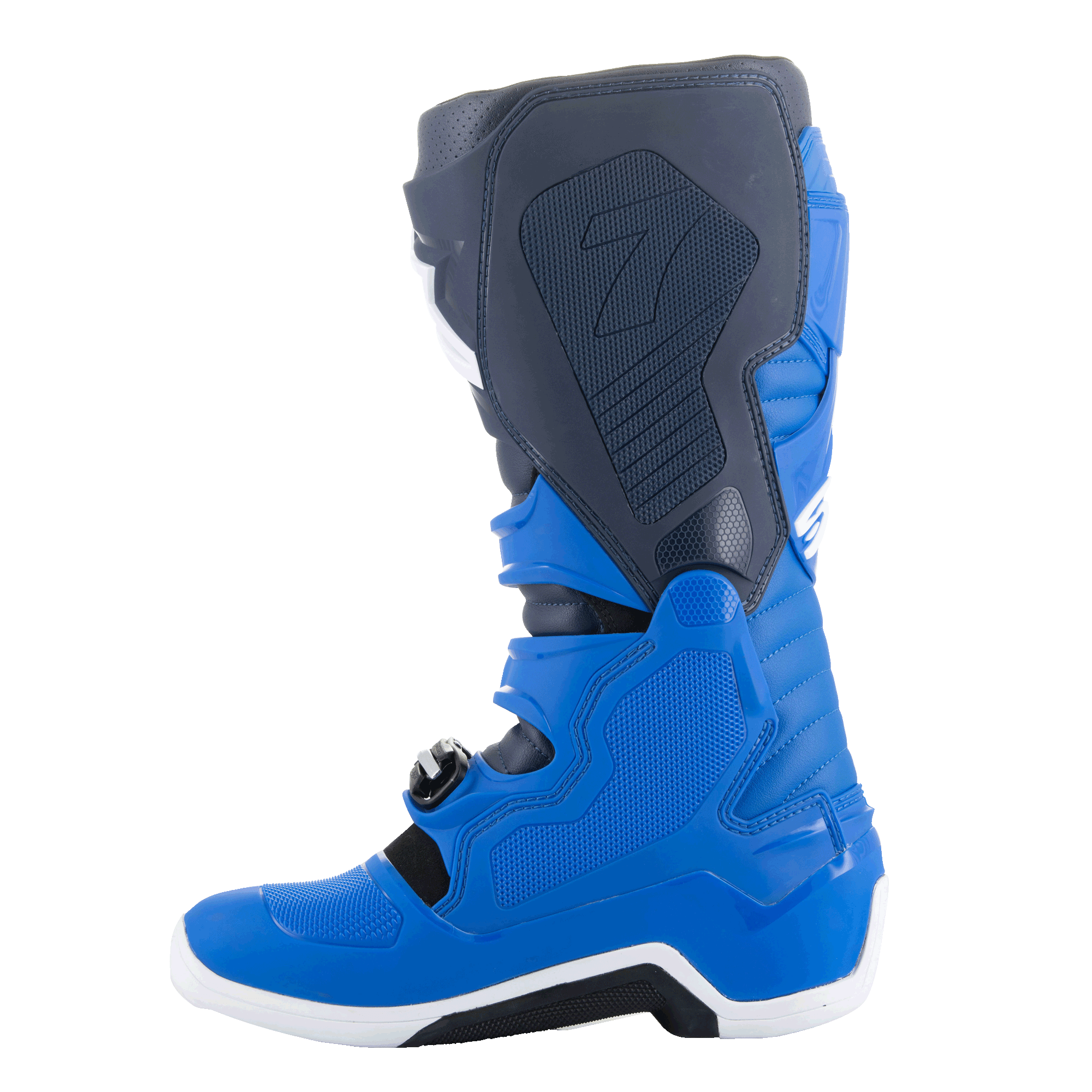 Stivali Alpinestars Tech 7, stivali da motocross, Alpine Blue, Night Navy e Bright Red, vista laterale mediale che mostra i pannelli protettivi in TPU e la costruzione rinforzata per il racing off-road