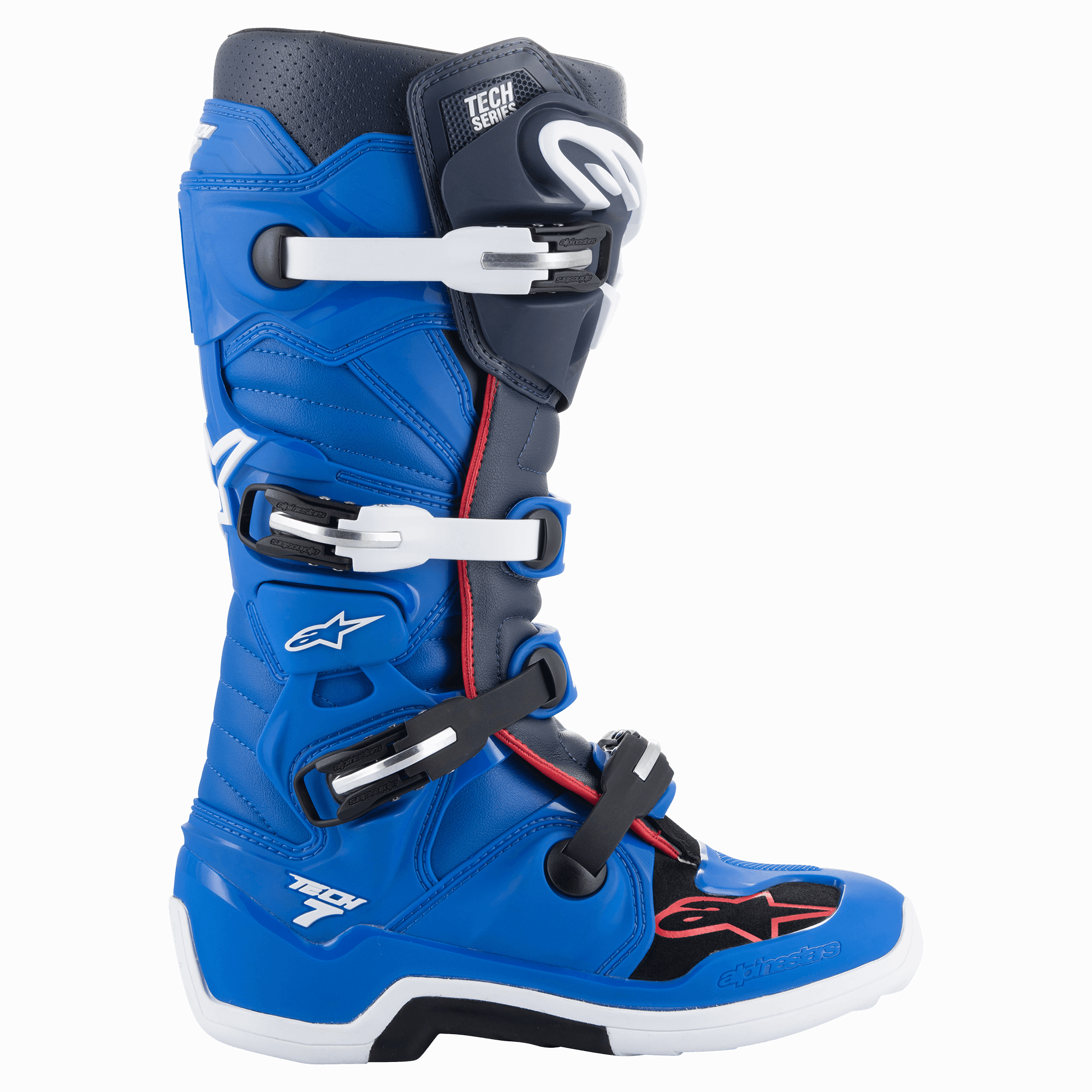 Alpinestars Tech 7 Boots, stivali da motocross, Alpine Blue, Night Navy e Bright Red, design a profilo alto con sistema di chiusura a quattro fibbie, fibbie bianche e nere, suola bianca con sezione mediana nera, profili rossi e marchio Alpinestars, protezione professionale per competizioni off-road.