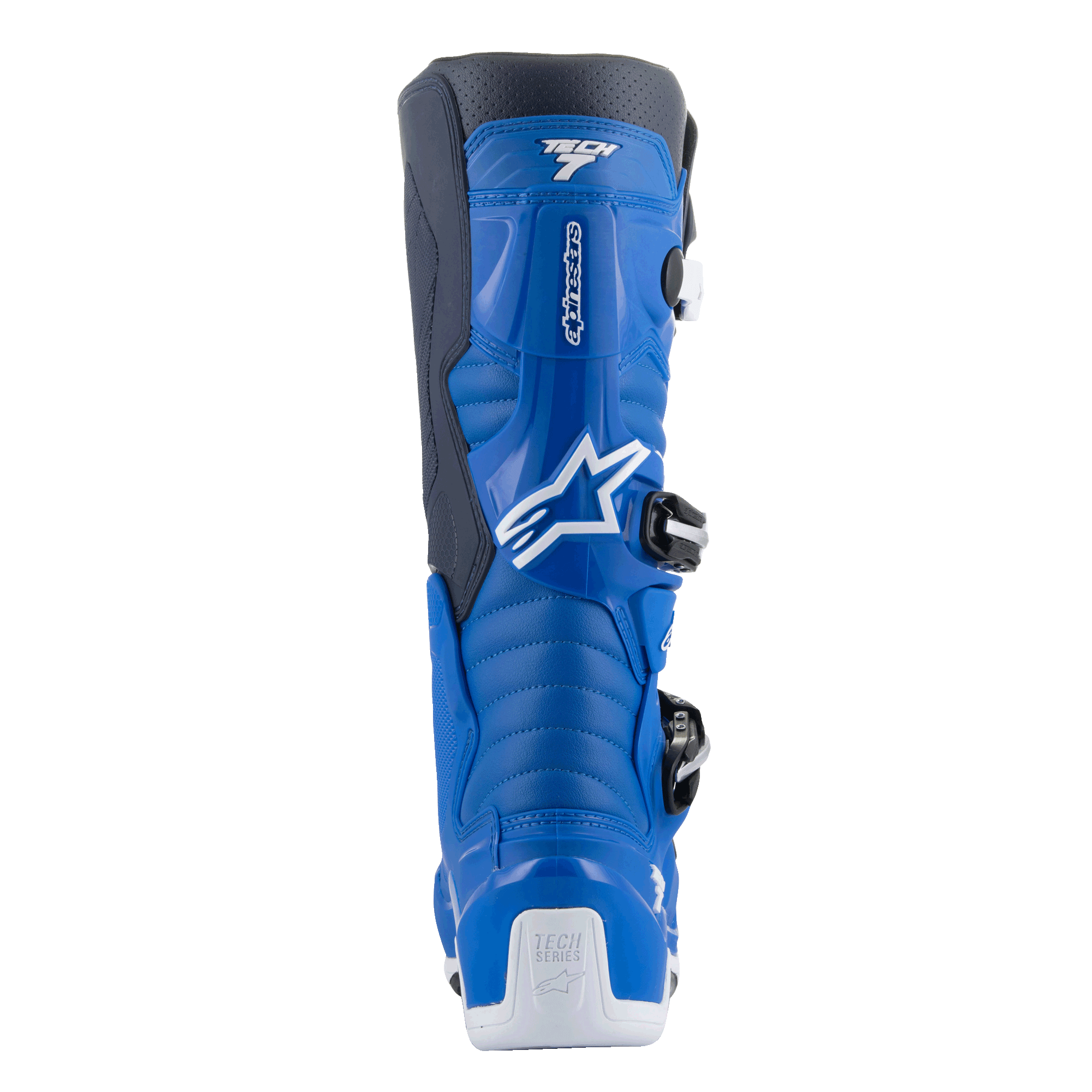 Stivali Alpinestars Tech 7, stivali da motocross, Alpine Blue e Night Navy con accenti bianchi, vista posteriore con protezione sagomata per il polpaccio, rinforzo del tallone bianco con logo Tech Series e dettagli del sistema di chiusura a fibbia laterale.