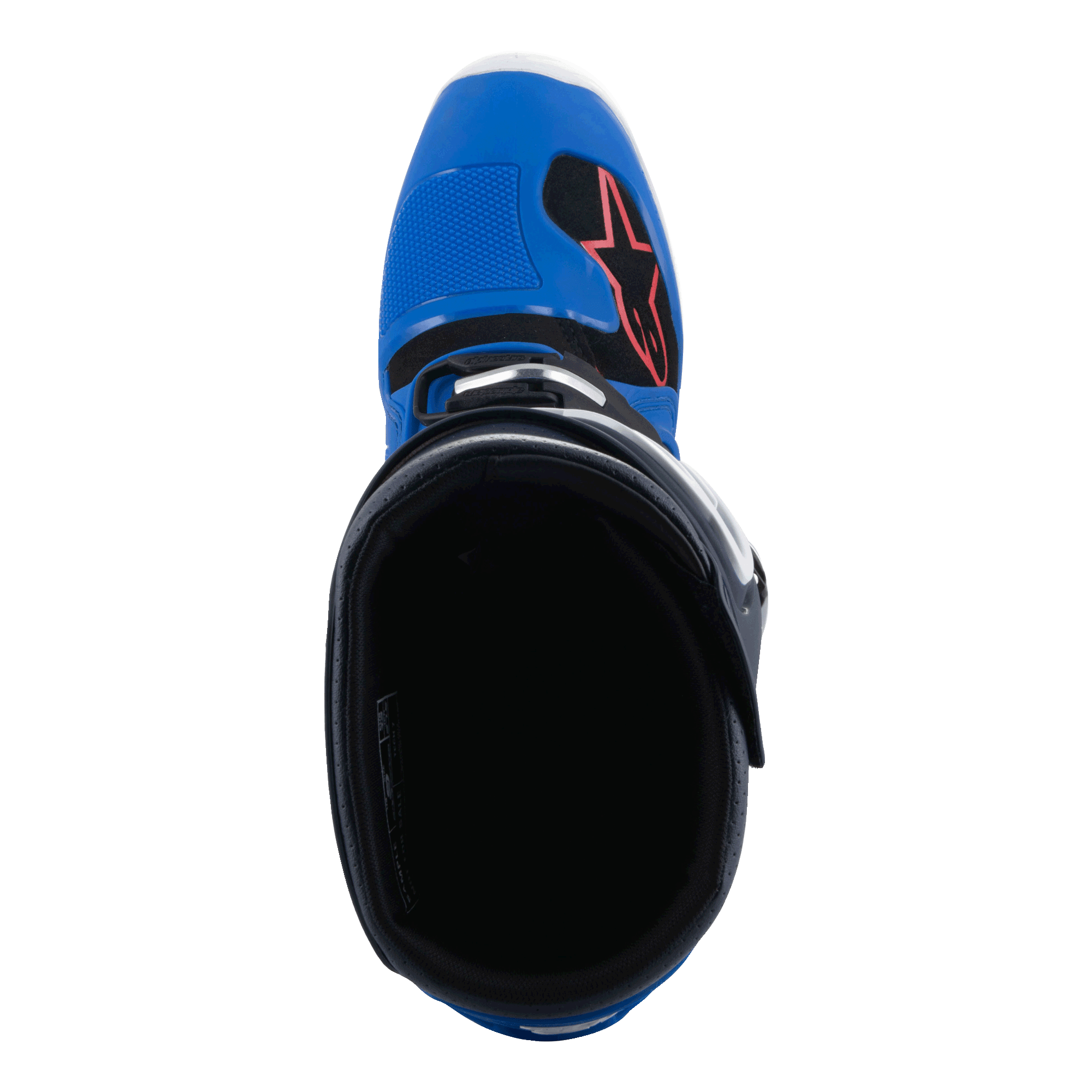 Stivali Alpinestars Tech 7, stivali da motocross, Alpine Blue Night Navy e Bright Red, vista dall'alto dell'interno dello stivale, con punta blu, logo a stella rosso e fodera nera, calzatura professionale da fuoristrada