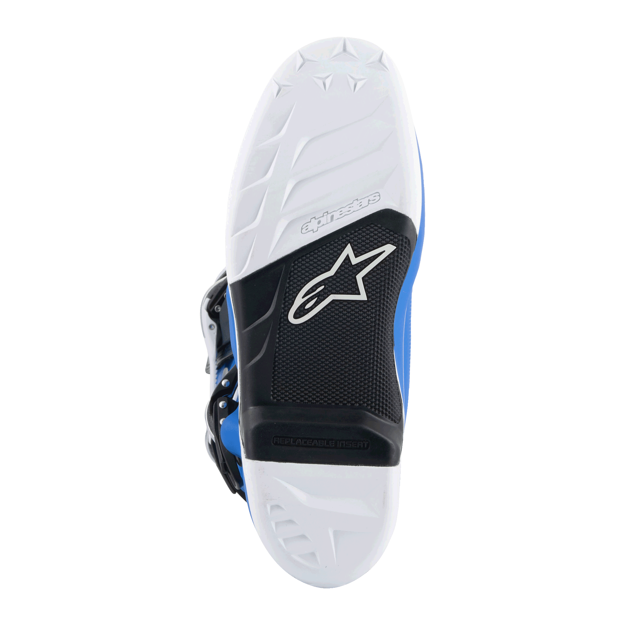 Stivali Alpinestars Tech 7, stivali da motocross, blu alpino e bianco, vista dal basso della suola con battistrada bianco, arco plantare nero con inserto per pedana sostituibile e logo Alpinestars, mescola resistente per gare off-road