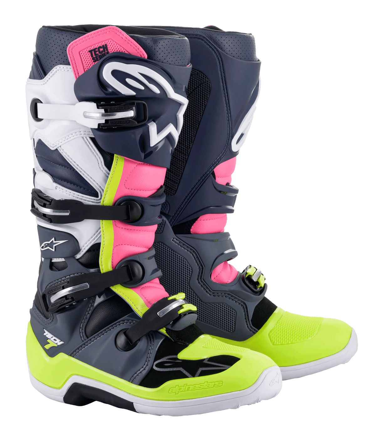 Stivali Alpinestars Tech 7, stivali da motocross, grigio scuro, blu scuro, rosa fluo e giallo neon, con sistema di chiusura a fibbie multiple, pannelli di protezione in TPU e logo Alpinestars per il racing off-road