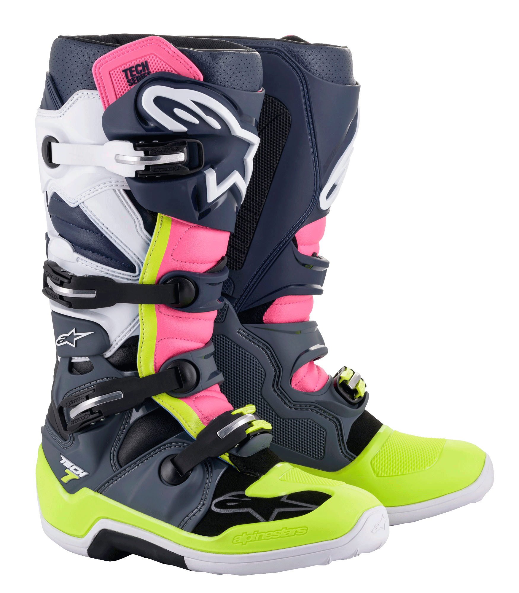 Stivali Alpinestars Tech 7, stivali da motocross, grigio scuro, blu scuro, rosa fluo e giallo neon, con sistema di chiusura a fibbie multiple, pannelli di protezione in TPU e logo Alpinestars per il racing off-road
